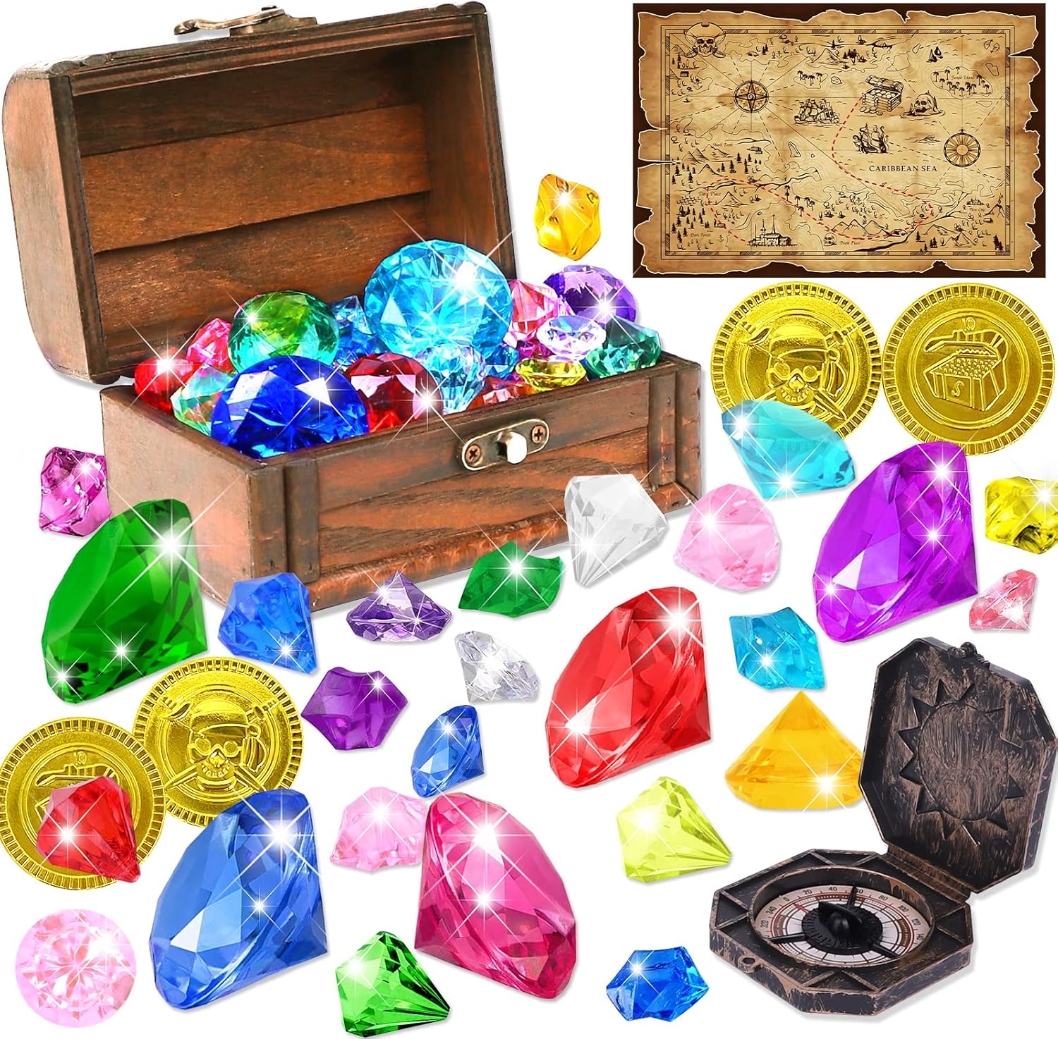 YUJUN Diving Gem Pirate Toys Colorful Pool Acrylic Diamonds Pirate Treasure Chest Gold Coins with Underwater Swimming Throw Pirate Toy for Kids Birthday Summer Swimming Pool Party Favor