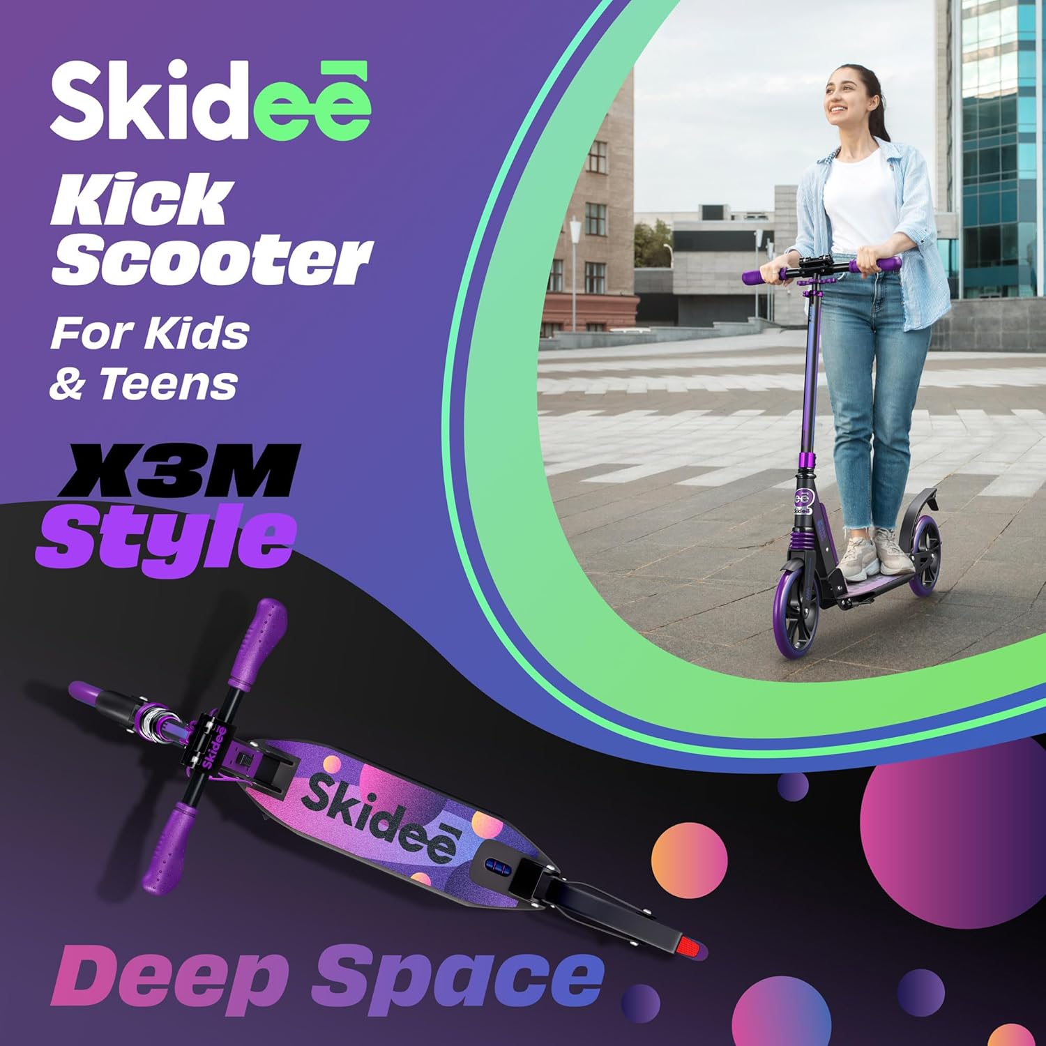 Skidee Adult & Teen Scooter Adjustable Height, Folding, Large Wheels, Lightweight, Durable, Anti-Shock Suspension, Up to 220 lbs - Image 3