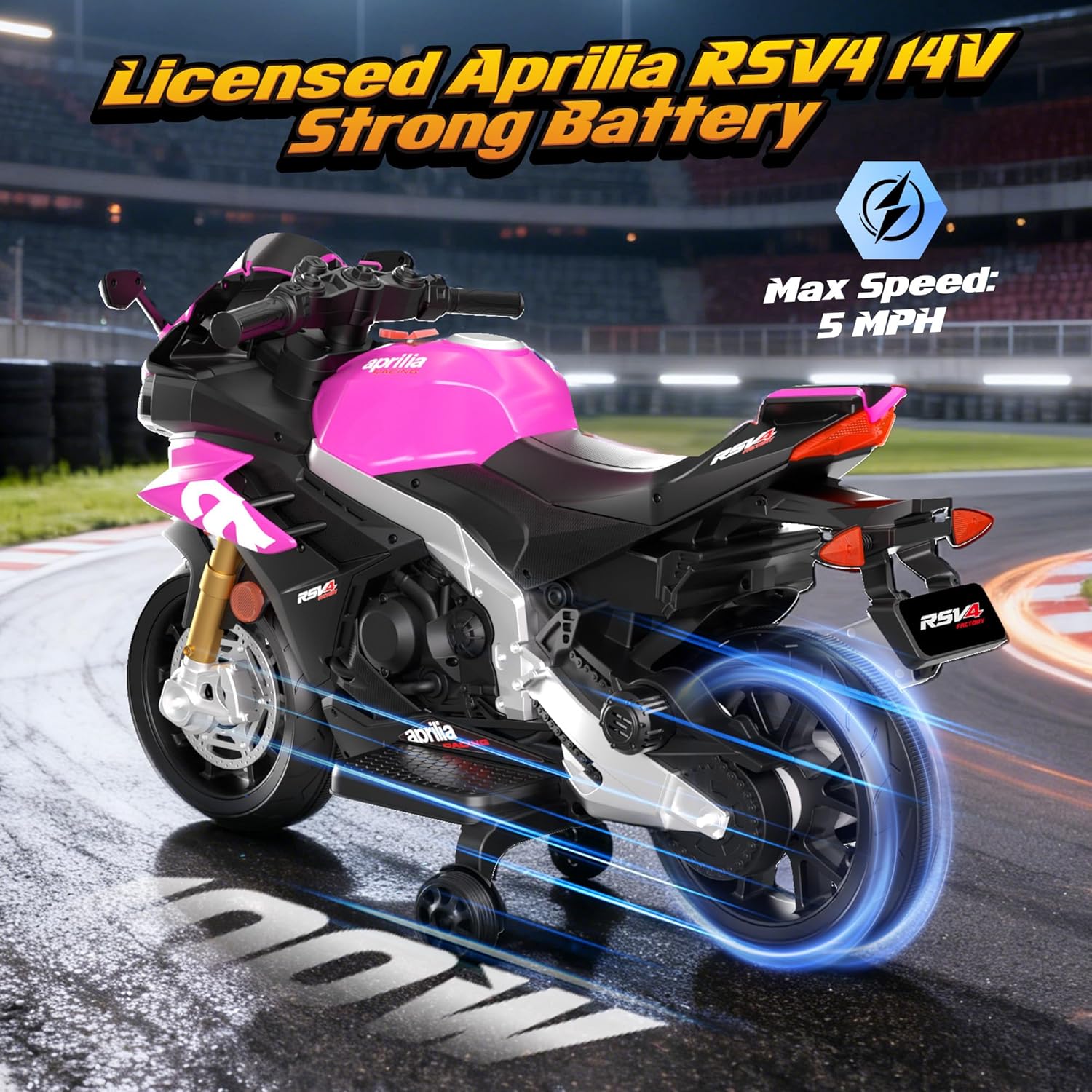Kids Motorcycle, 12V Licensed Aprilia RSV4 Electric Motorcycle for Kids, Training Wheels, LED Headlight, Music, Battery Powered Ride on Motorcycle for Toddler Boys Girls Pink - Image 3