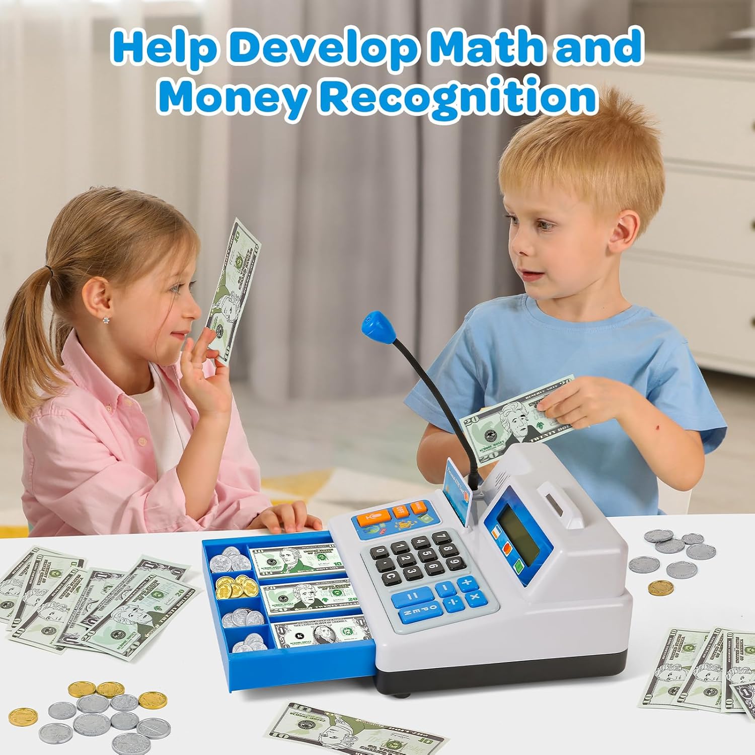 Bstoyder Calculator Cash Register Toy Gift for Kids Age 3, 4, 5, 6, 7, 8+ Year Old, 103 Pcs Grocery Store Playset with Microphone, Credit Card, Cash Register for Toddlers Kids 4-8 - Image 5