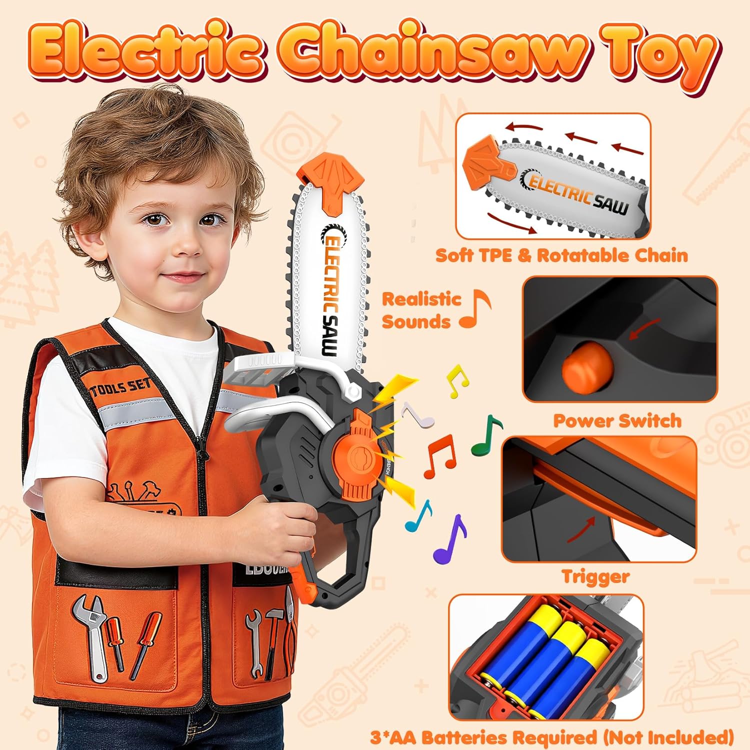 Kids Tool Set Toys, 56 Pcs Toddler Tool Set with Toy Chainsaw & Electronic Drill,Vest, Pretend Play Kids Construction Tools Toy for Toddler 3-5 Years Old Christmas Birthday Gifts - Image 4
