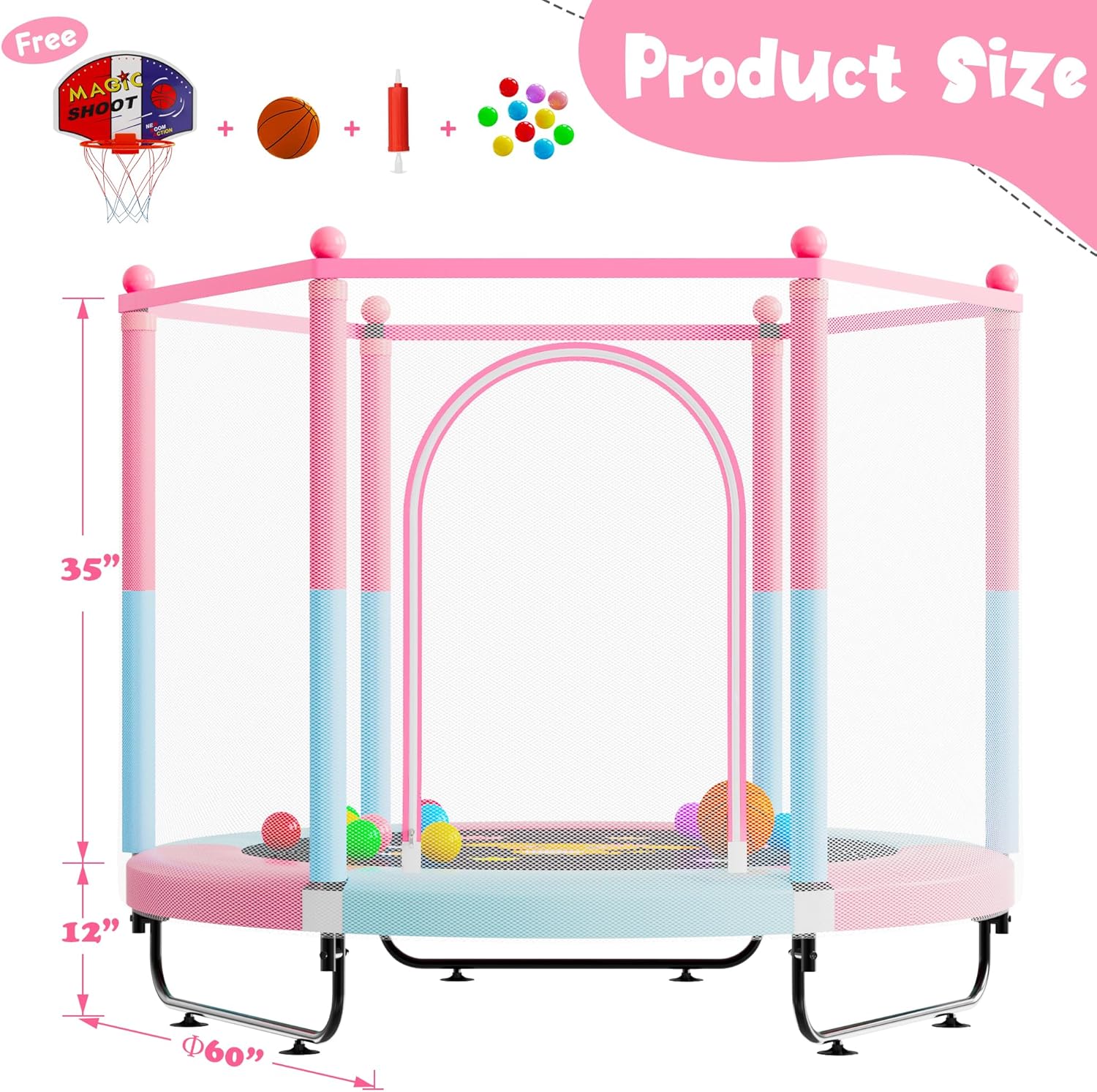 VGMiu 60" Trampoline for Kids, 5 FT Indoor & Outdoor Toddler Baby Trampoline with Basketball Hoop, Safety Enclosure, Birthday Gifts for Kids, Gifts for Boy and Girl, Age 3-8 - Image 2