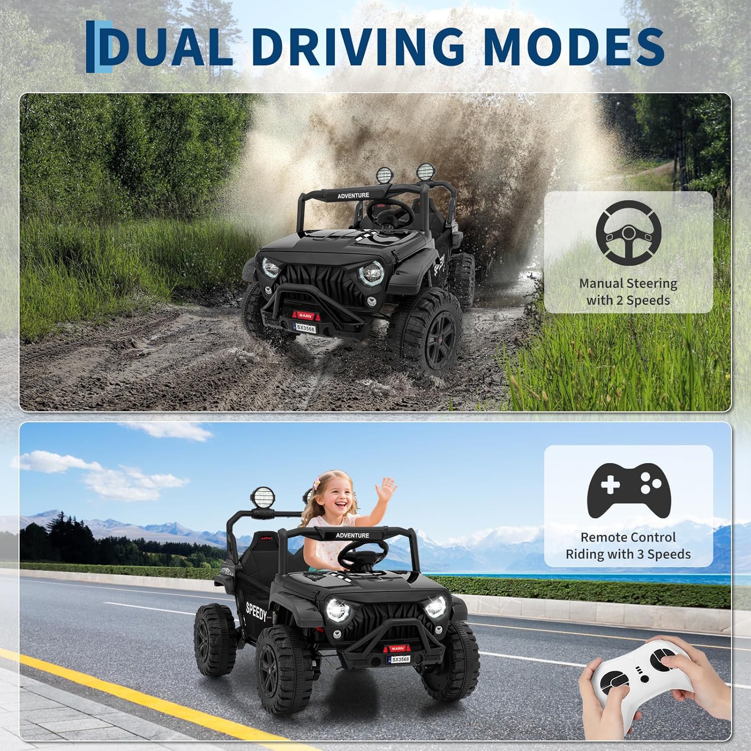 2 Seater Ride on Car for Kids, 24V Ride on Toy, Fast 4.97MPH Truck, 4WD Kids Electric Vehicles with Remote Control, Spring Suspension, Front & Behind LED Lights, Dual Storage, 3 Speeds, Music, Black - Image 6