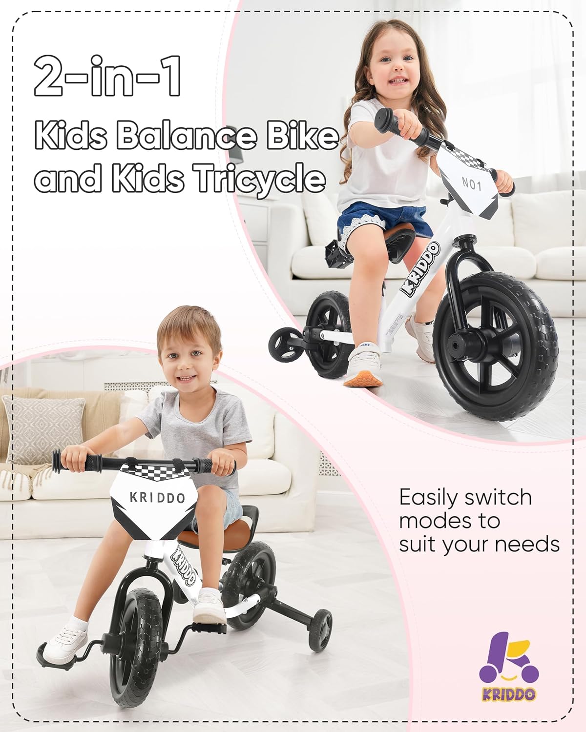 KRIDDO 2-in-1 Kids Tricycle and Toddler Balance Bike 2 Year Old, Detachable Pedals and Stowable Training Wheels, DIY Plate, Riding Trikes Toy for Ages 18 Months to 3 Years - Image 2