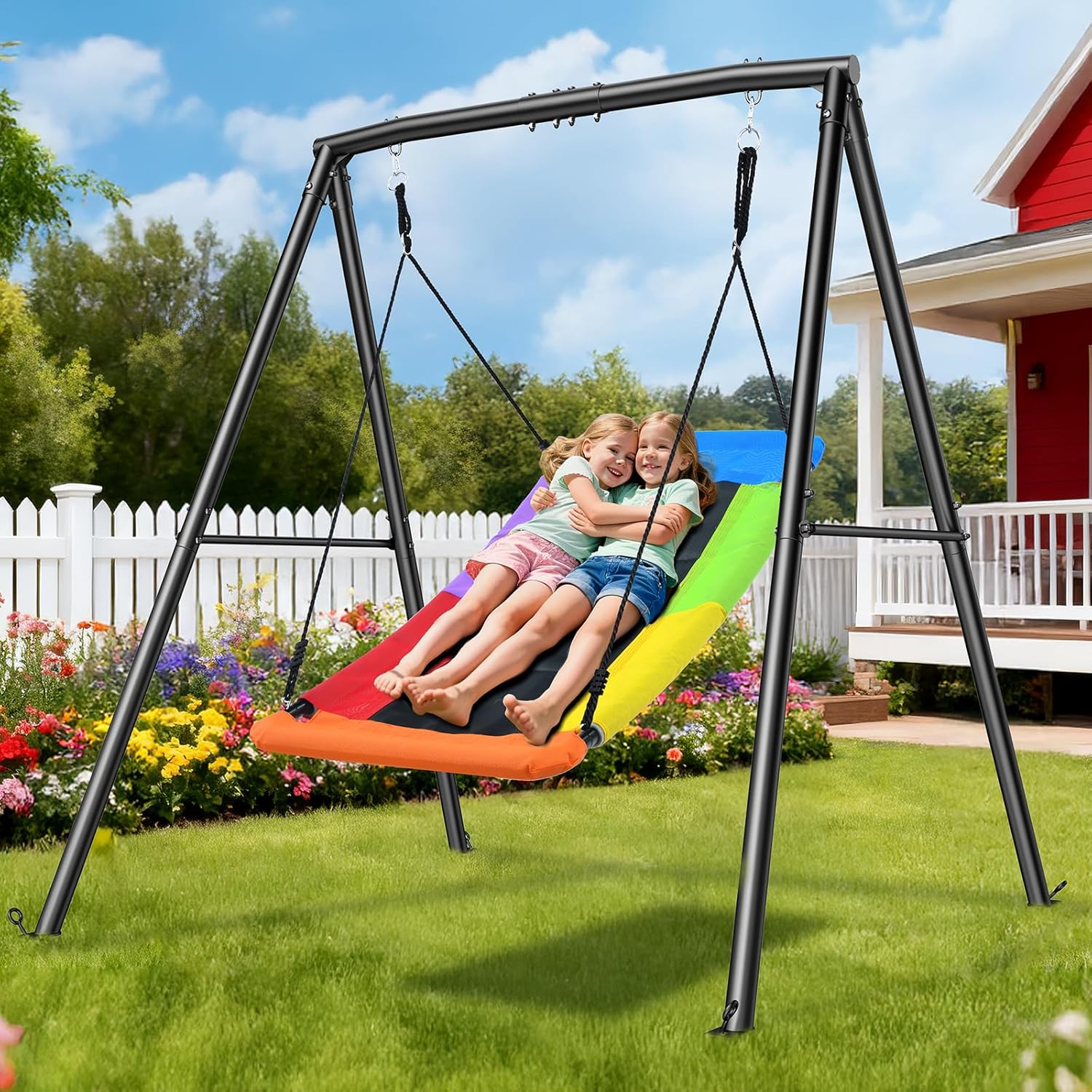 Trekassy Swing Sets for Backyard, 440lbs Heavy Duty A-Frame Metal Stand with 60" Large Platform Swing for Outdoor Playground Park (Black Frame + Rainbow Swing)(Patented) - Image 6