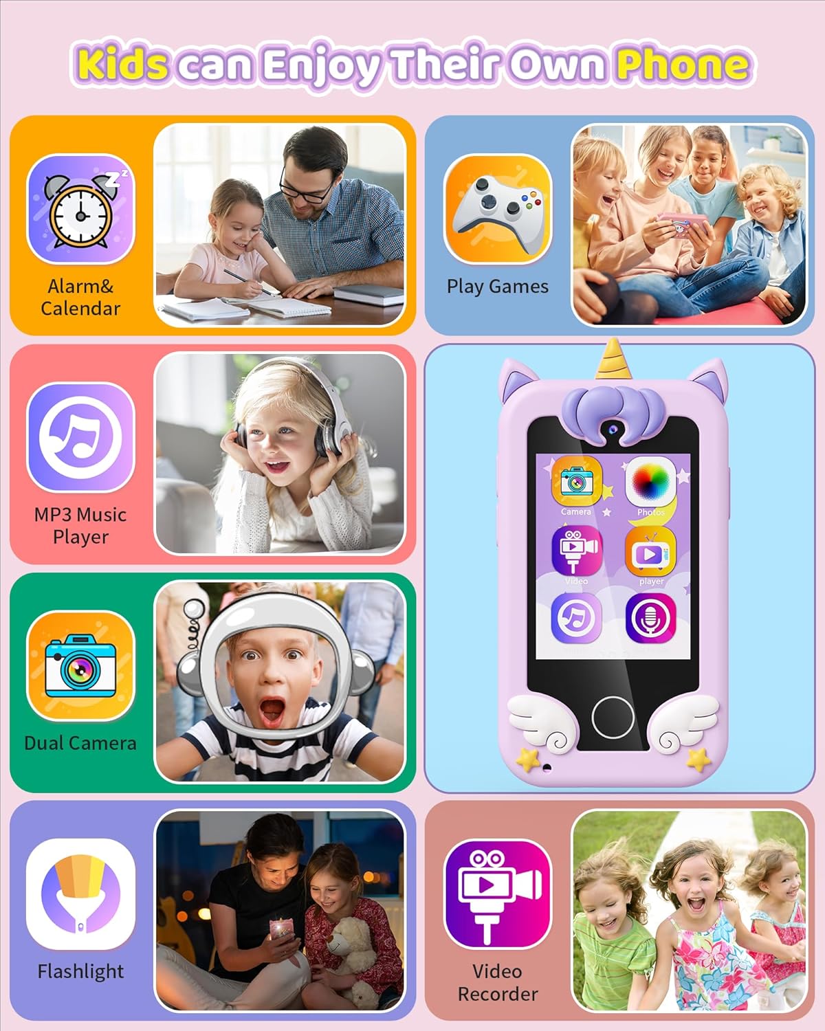 Kikapabi Kids Toy Smartphone, Unicorn Gifts for Girls Boys Ages 3-8 Years Old, Touchscreen Fake Play Phone with Music Dual Camera Puzzle Games, Birthday, Kids Trip Activity - Image 4