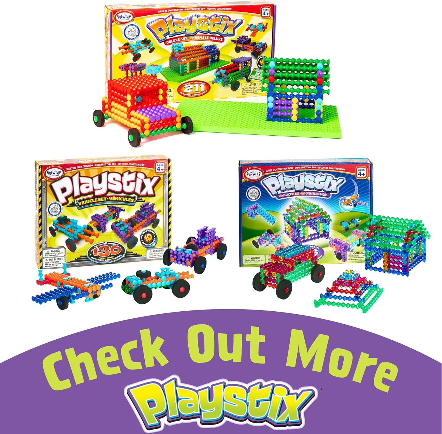 POPULAR PLAYTHINGS Playstix Construction Toy Set with Building Sticks for STEM and Classroom Use, for Kids Ages 4 and Up - 150 Piece Kit - Image 7