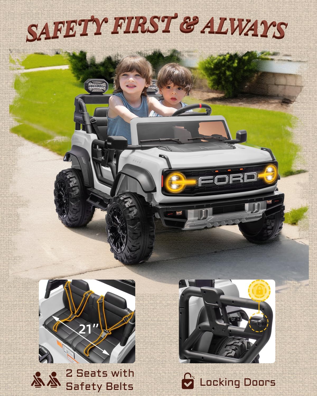 First Ride On Licensed Ford Bronco Raptor 24V 2 Seater Kids Ride on Toys, Battery Powered Electric Ride on Car, Remote Control Electric Car w/Led Lights, Music, High Low Speed (24V, White) - Image 7