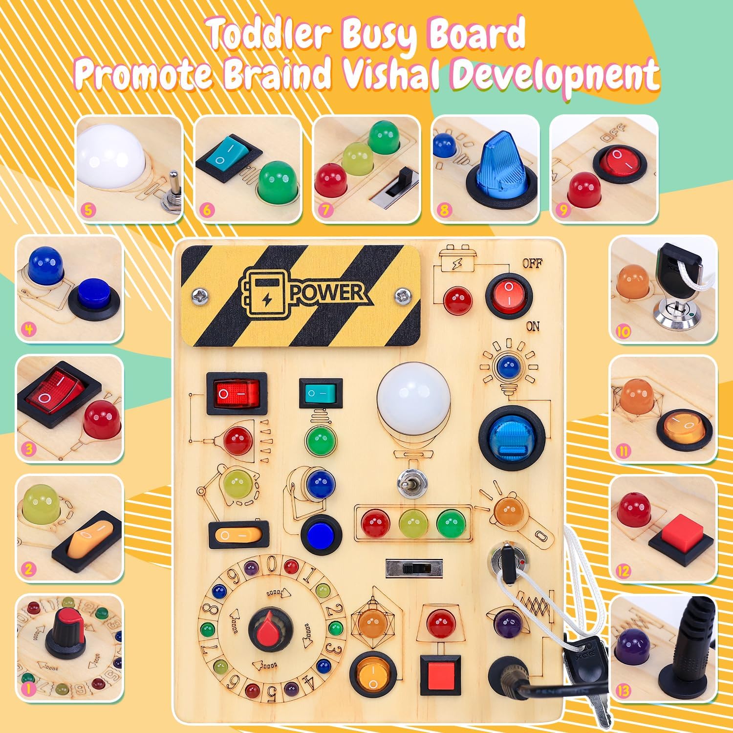 Busy Board with LED Light Switches, Montessori Toys for 1 2 3 Years Old, Toddlers Wooden Toy Sensory Activity Board, Travel Toys for 1+ Year Old Boy & Girl Birthday Gift - Image 2