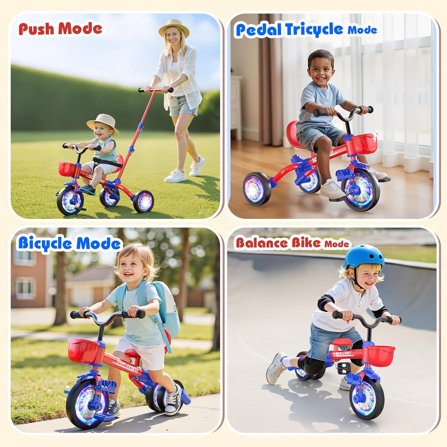 Kkdi 5 in 1 Toddler Bike for 1-5 Year Old, Tricycle with Push Handle, Convertible Baby Balance Bike, Bicycle, Color Light Wheel & Detachable Pedal, 4-Position Seat, Boys Girls Birthday Gift, Toy - Image 7