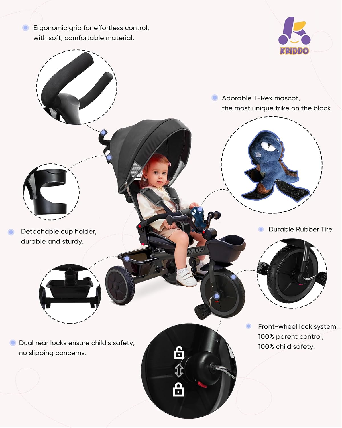KRIDDO 7-in-1 Tricycle Stroller for Toddlers 18 Months to 5 Years, Adjustable Push Handle, Rotatable Seat, Cup Holder and Retractable Canopy, Folding Baby Trike w/Detachable Guardrail, Footrest, GY - Image 5