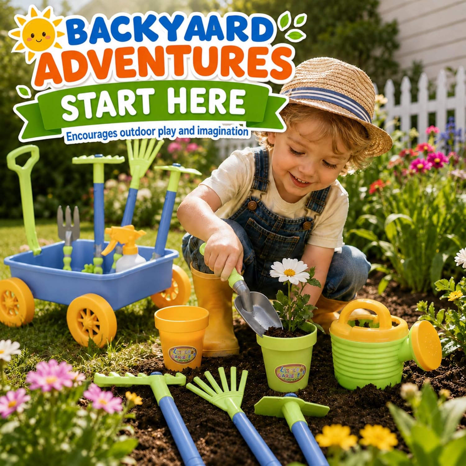 Liberty Imports Pull Along Garden Wagon and Gardening Tools Toy Play Set for Toddlers, Kids with Outdoor Tools, Plant Pots, Accessories - Image 4