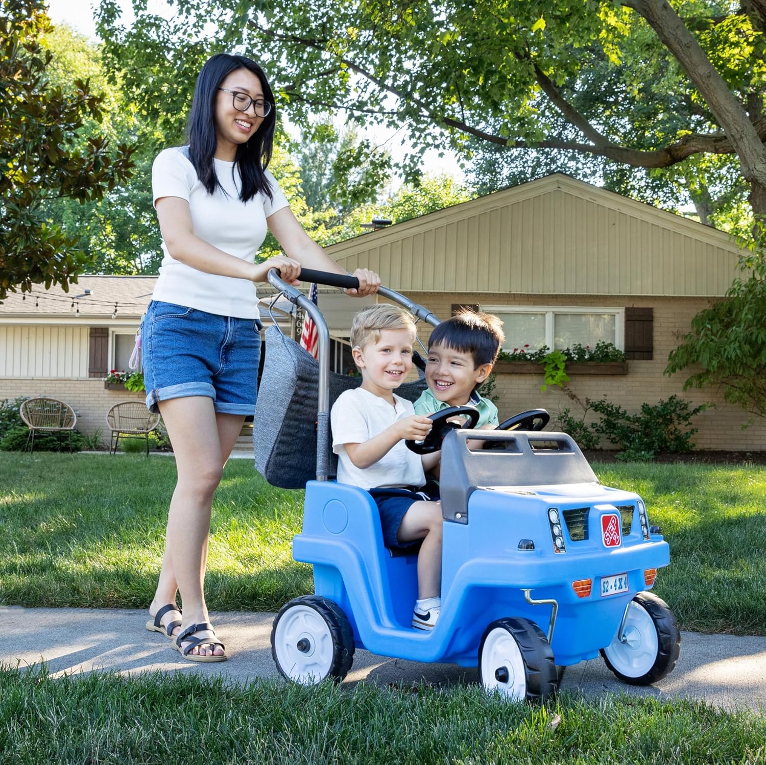 Step2 Side-by-Side Push Around SUV, 2-Seater Kids Push Car with Seat Belts, Dual Steering Wheels & Horns, Adjustable Canopy, Ages 18 months–5 years, Max 100 lbs., Durable Plastic, Blue - Image 5