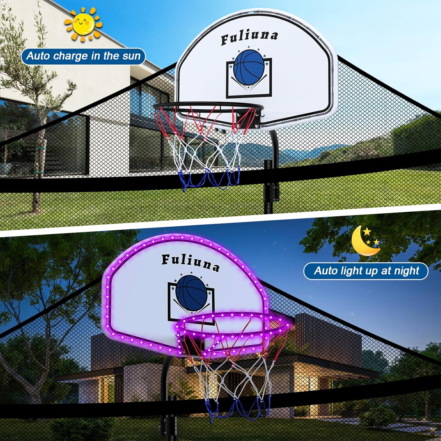 Trampoline Basketball Hoop with Solar Lights, Basketball Hoop for Trampoline Fits Diameter 25mm - 32mm Straight & Curved Pole,Universal Trampoline Basketball Hoop Attachment with Ball and Pump - Image 2