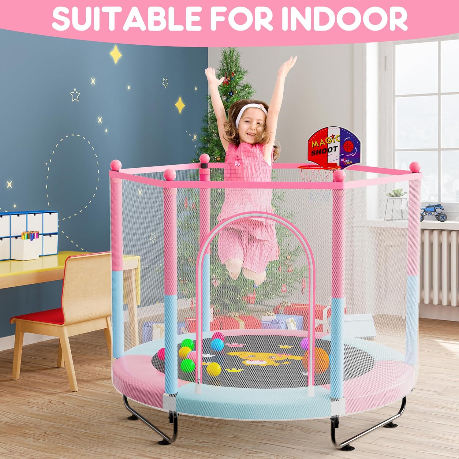 VGMiu 60" Trampoline for Kids, 5 FT Indoor & Outdoor Toddler Baby Trampoline with Basketball Hoop, Safety Enclosure, Birthday Gifts for Kids, Gifts for Boy and Girl, Age 3-8 - Image 5