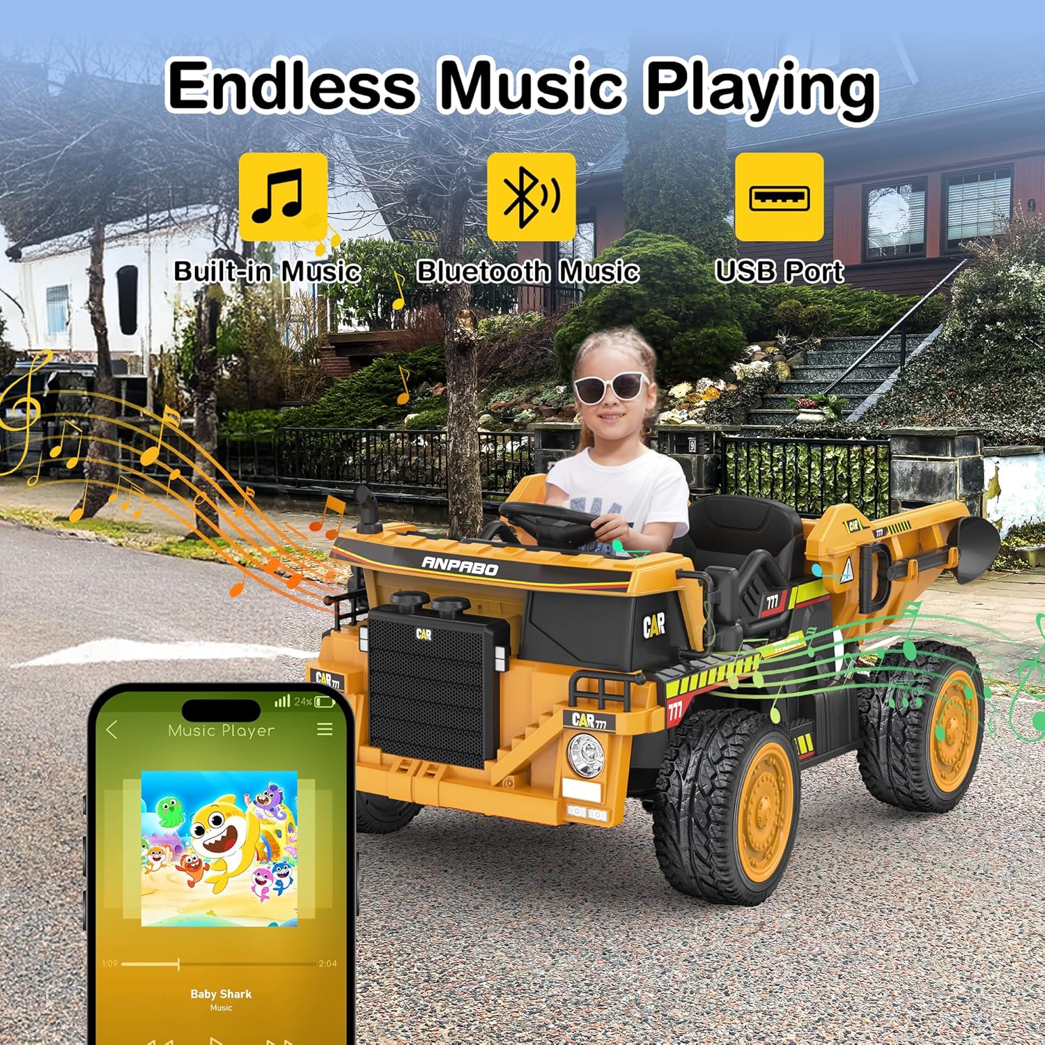 ANPABO 24V Ride On Dump Truck, 2X75W Powerful Motors, Up to 4.4Mph, EVA Tires, Construction Vehicle w/Electric Dump Bed and Extra Shovel, 19" Spacious 2 Seater, Kids Car w/Parent Remote -Yellow - Image 6