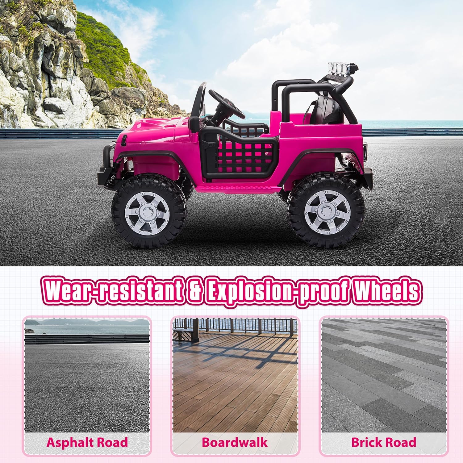 TOBBI 2 Seater Kids Electric Car Toy, Toddlers 12V Off-Road Ride On Truck with Parent Remote Control, 35W Battery-Powered 4 Wheels Vehicle to Drive with Horn & LED/MP3 for Chirdren 3-8 Years-Rose Red - Image 4