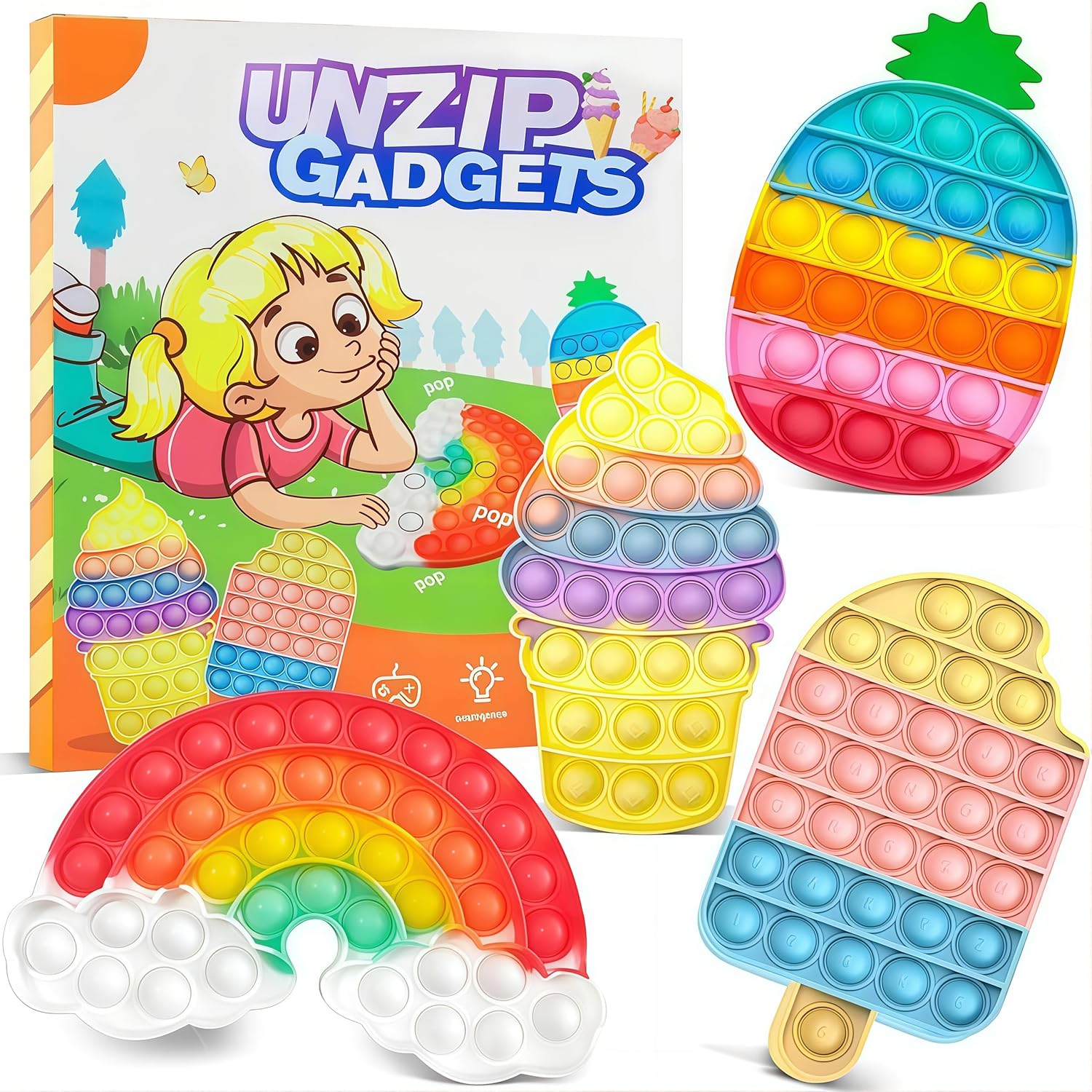 4 Pcs Fidget Toys, Rainbow Push Bubble Fidget Toys Ice Cream Toy Pineapple Squeeze Toys Set for ADHD Autism Stress Relief Toy Gift - Image 6