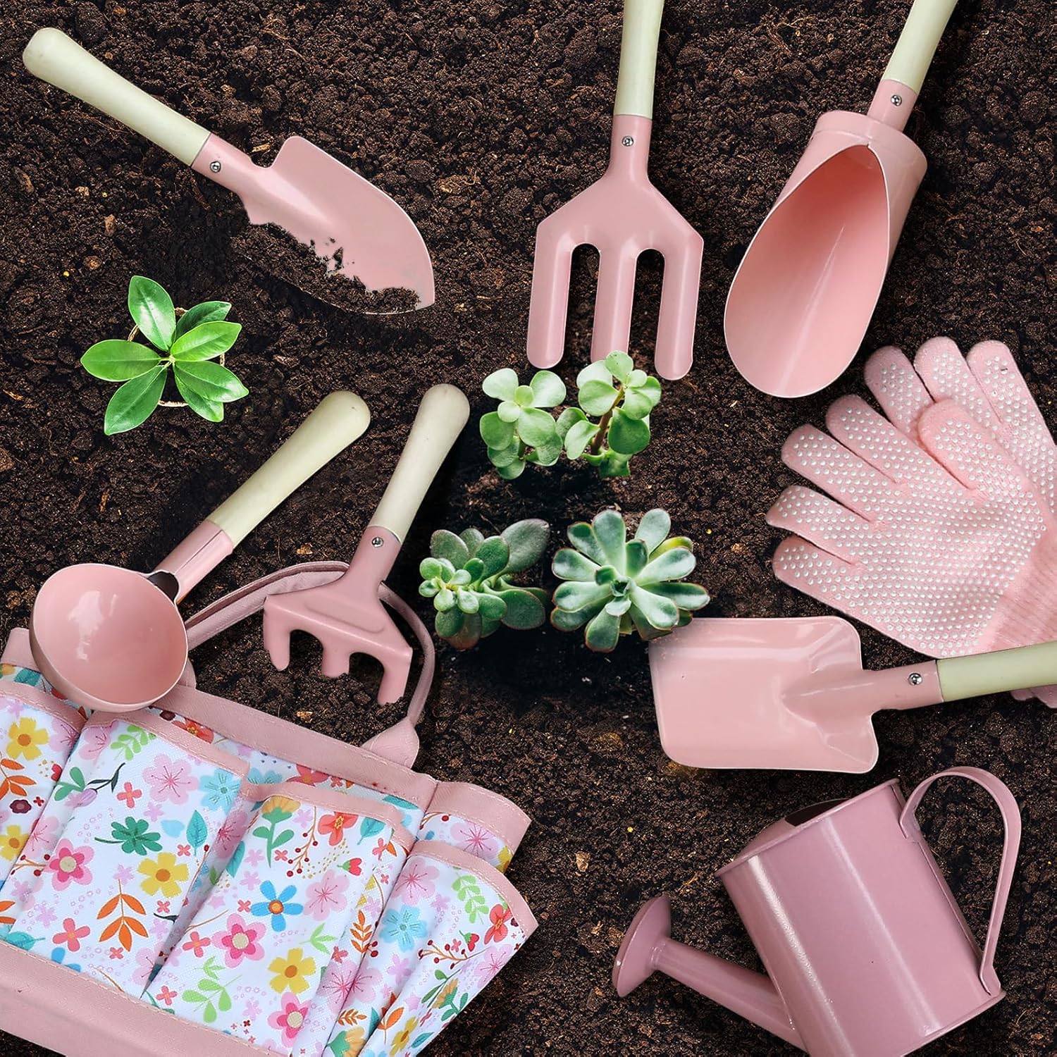Qtioucp Kids Gardening Set 14Pcs Garden Tools with Tote Bag,Watering Can, Shovel, Apron, Garden Book and More Educational STEM Learning Outdoor for Toddlers Boys Girls (Floral) - Image 3