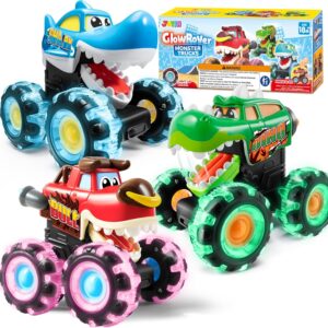 JOYIN 3 Pack Monster Truck Toy – Motion Activated Light Up Cars for Toddlers – Monster Glow Rover LED Wheels – Baby Boy Toys – Press and Go Dinosaur Trucks for Kids Boy Birthday Gifts