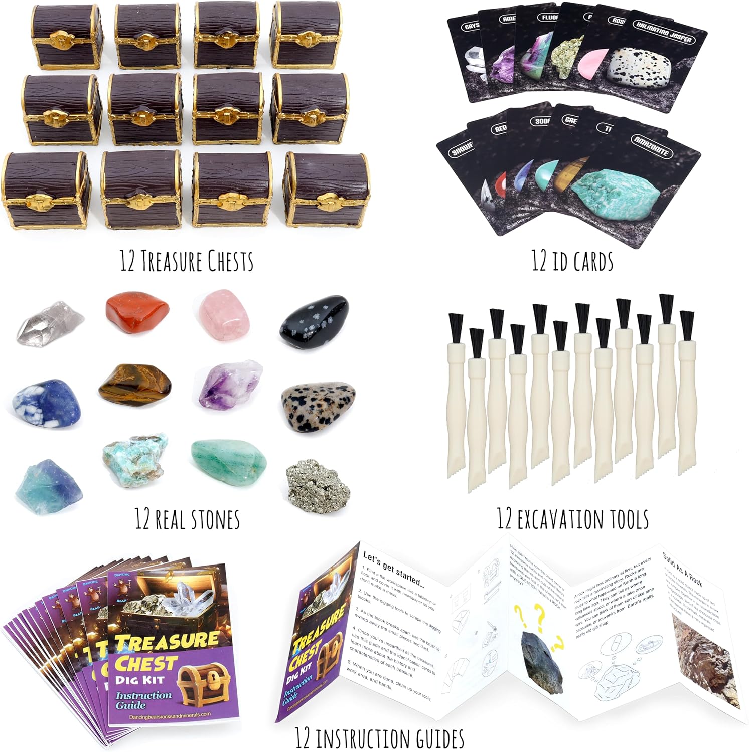 DANCING BEAR Treasure Chest Dig Kit Party Pack for 12 Kids, Excavate 12 Surprise Real Gems & Crystals, STEM Education, Fun Pirate Booty Hunt, Science Activity Gift Sets for Girls and Boys - Image 7