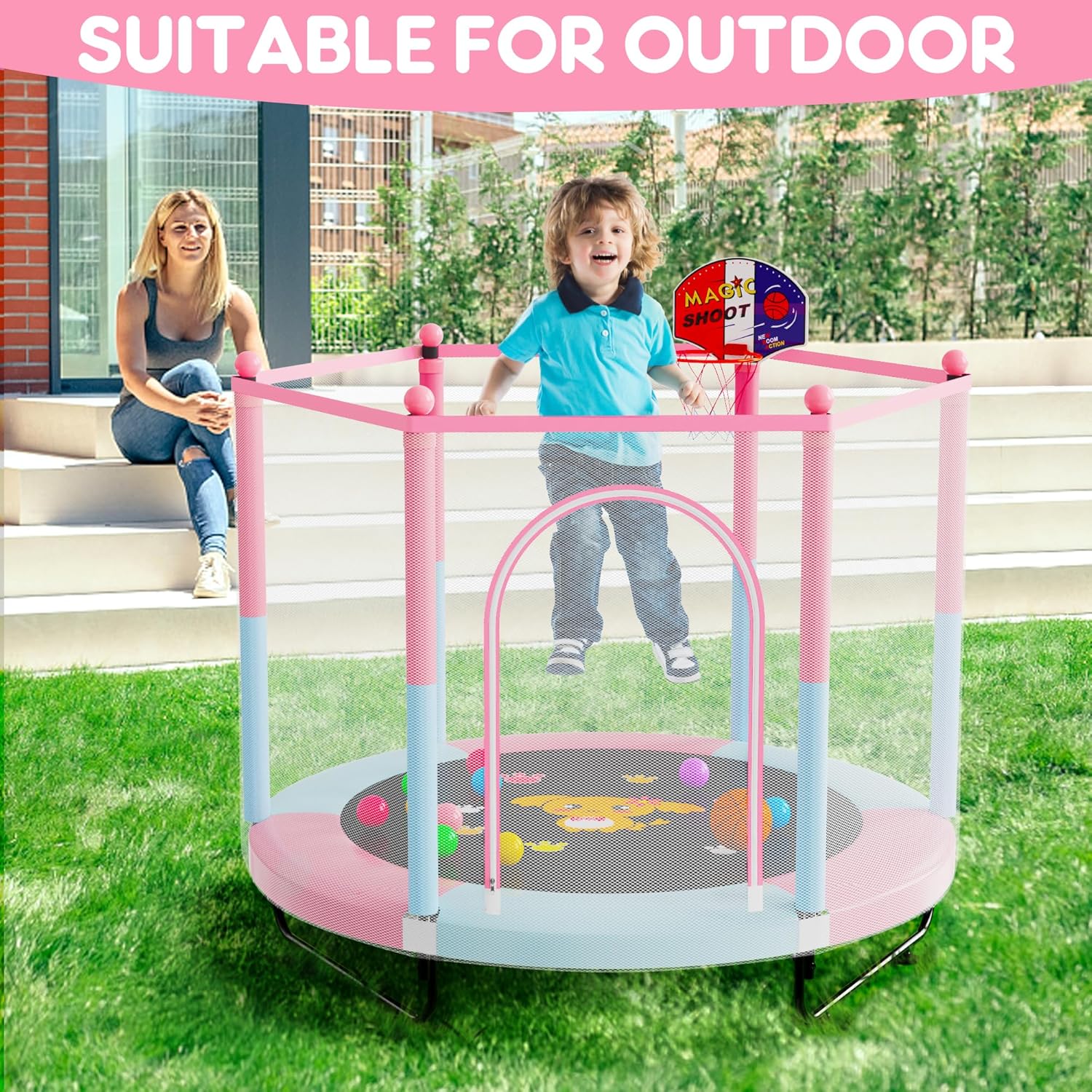 VGMiu 60" Trampoline for Kids, 5 FT Indoor & Outdoor Toddler Baby Trampoline with Basketball Hoop, Safety Enclosure, Birthday Gifts for Kids, Gifts for Boy and Girl, Age 3-8 - Image 6