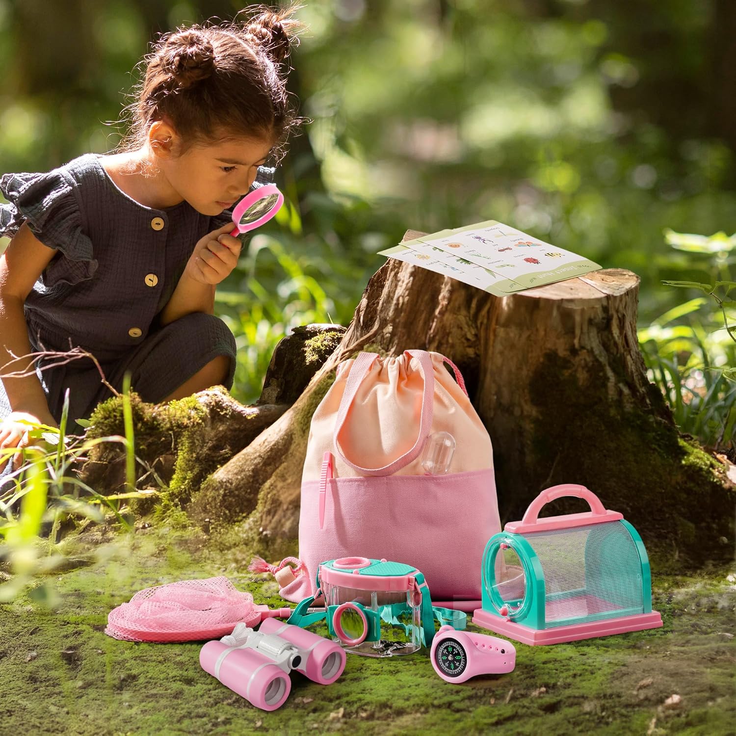 ROBOTIME Bug Catcher Kit for Kids, 12Pcs Explorer Kit, Outdoor Adventure Set with Kids Binoculars, Butterfly Net, Insect Box, Magnifying Glass and Compass Watch for Toddlers 3-12 (Pink) - Image 8