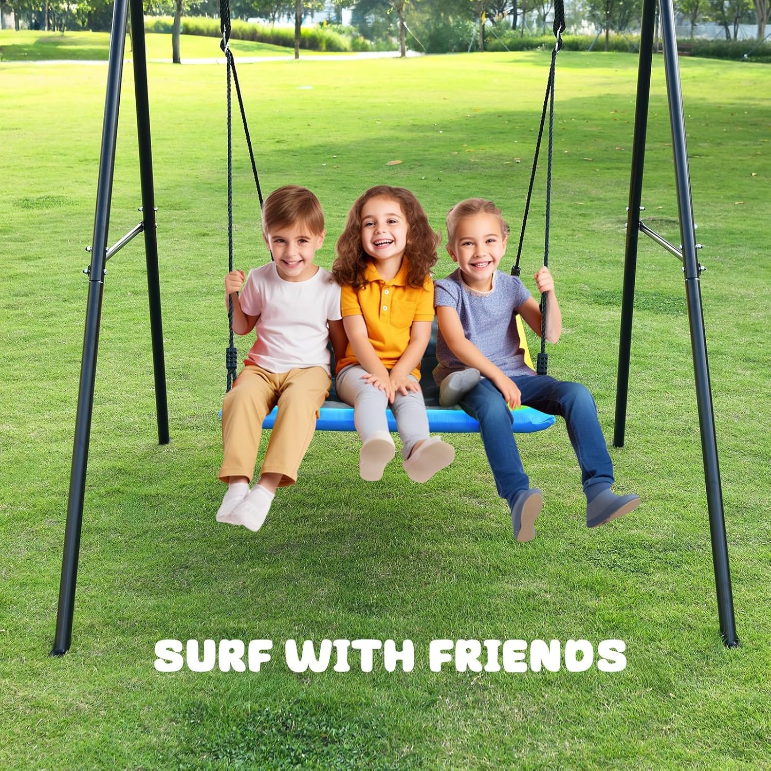 Trekassy Swing Sets for Backyard, 440lbs Heavy Duty A-Frame Metal Stand with 60" Large Platform Swing for Outdoor Playground Park (Black Frame + Rainbow Swing)(Patented) - Image 8