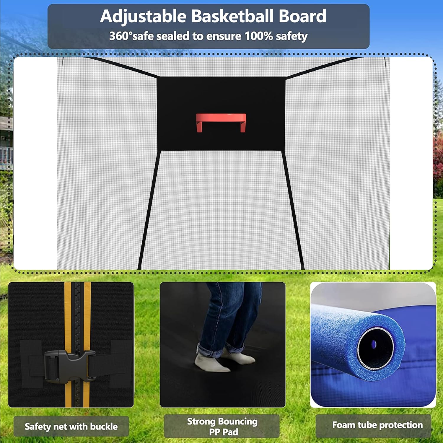 Lyromix Upgraded 14FT 15FT Trampoline Outdoor with Basketball Hoop, Stakes, Light, Sprinkler, Capacity for 4-8 Kids & Adults - Image 3