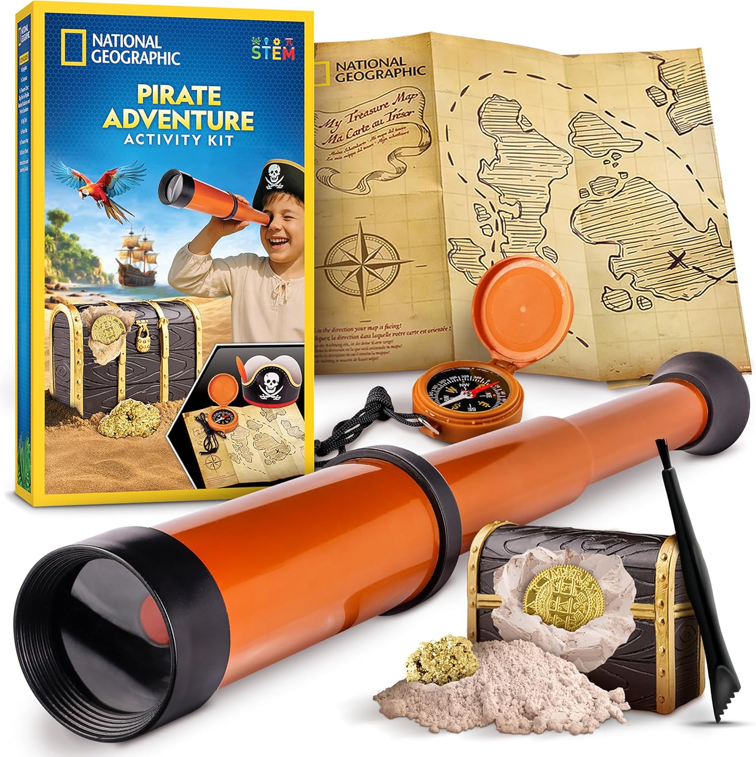 National Geographic Pirate Adventure Activity Kit – Dig for Treasure, Make a Pirate Hat & Map, Includes Spyglass, Compass, Replica Doubloon & Pyrite, STEM Toys, Telescope for Kids