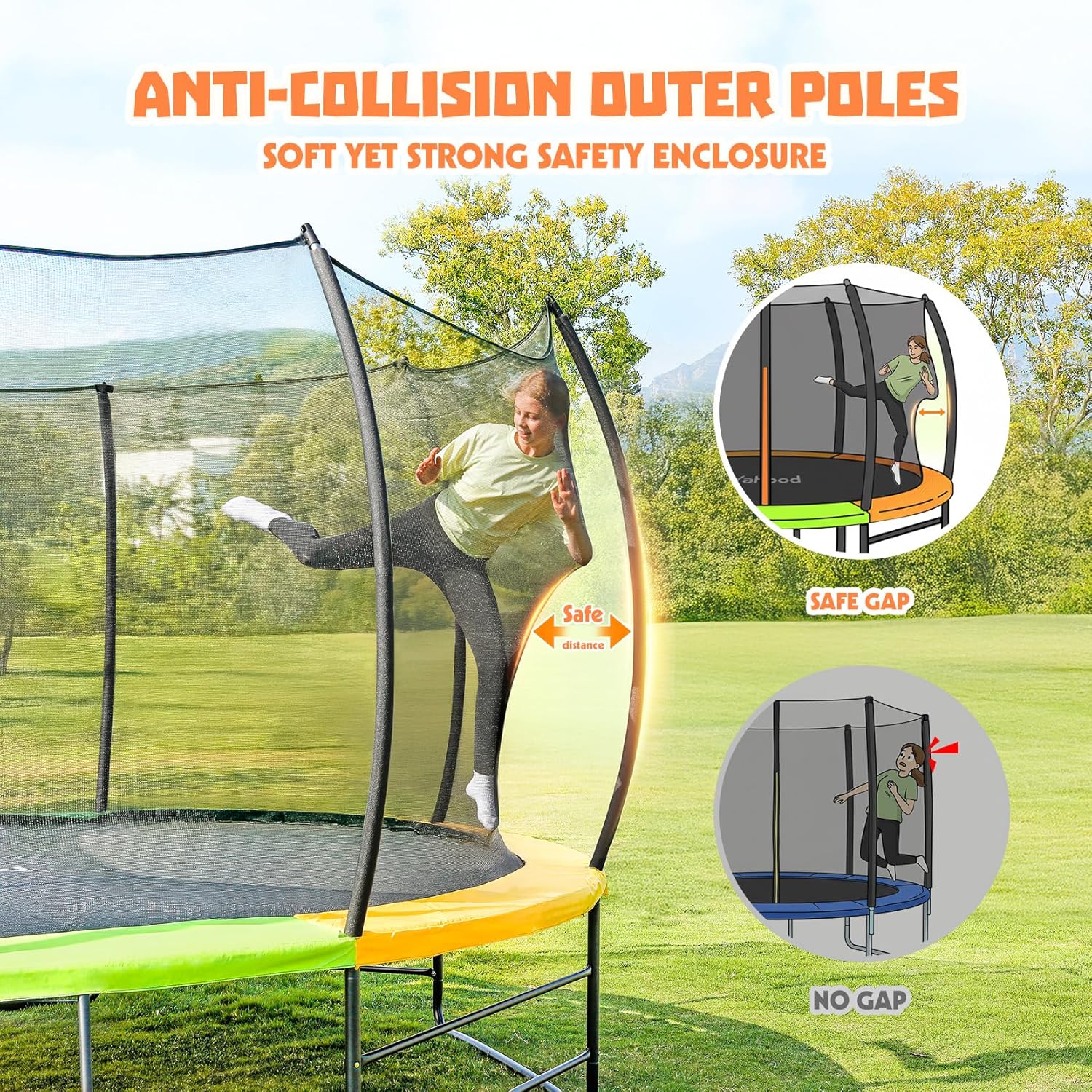 Yohood Trampoline Outdoor 12FT 14FT, Recreational Trampolines with Enclosure Net and Ladder, ASTM Approved for Kids and Adults, with Additional 8 Stabilizer Bars and Anti-Rust Coated Galvanized Frame - Image 5