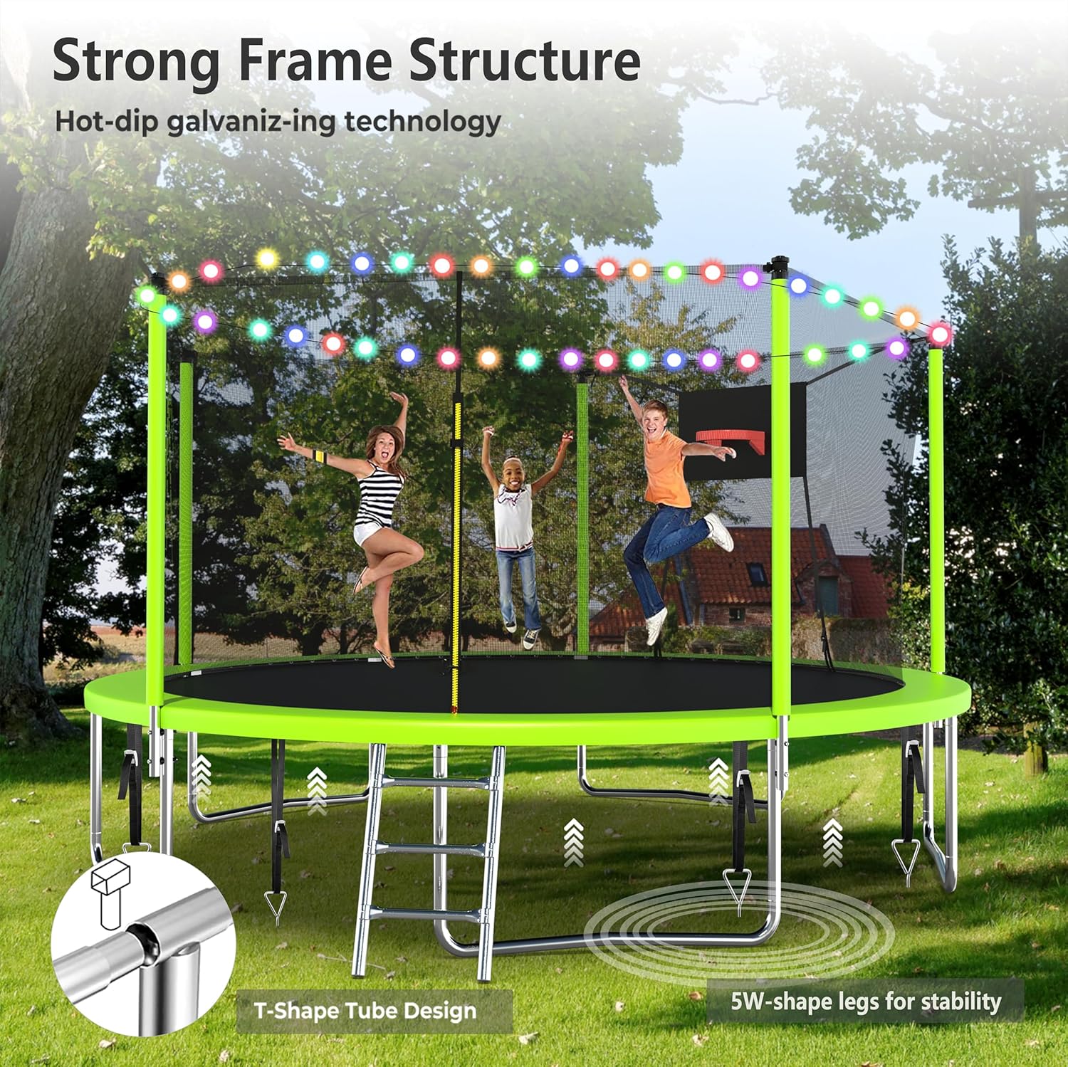 Lyromix Upgraded 14FT 15FT Trampoline Outdoor with Basketball Hoop, Stakes, Light, Sprinkler, Capacity for 4-8 Kids & Adults - Image 4
