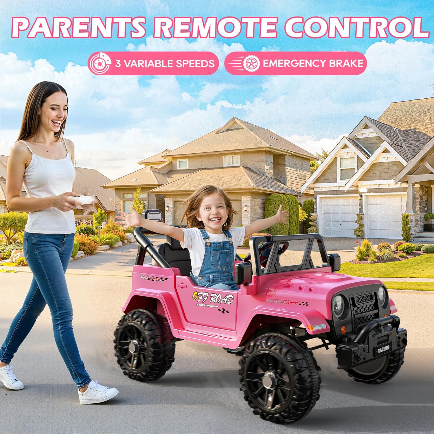 ARBELI 12V Ride On Truck Car with Remote Control, Kids Electric Vehicles with Bluetooth Music, Horn, 3 Speeds, 4 LED Lights, Soft Start, Ride on Toys for Toddler Boys & Girls, Pink - Image 2