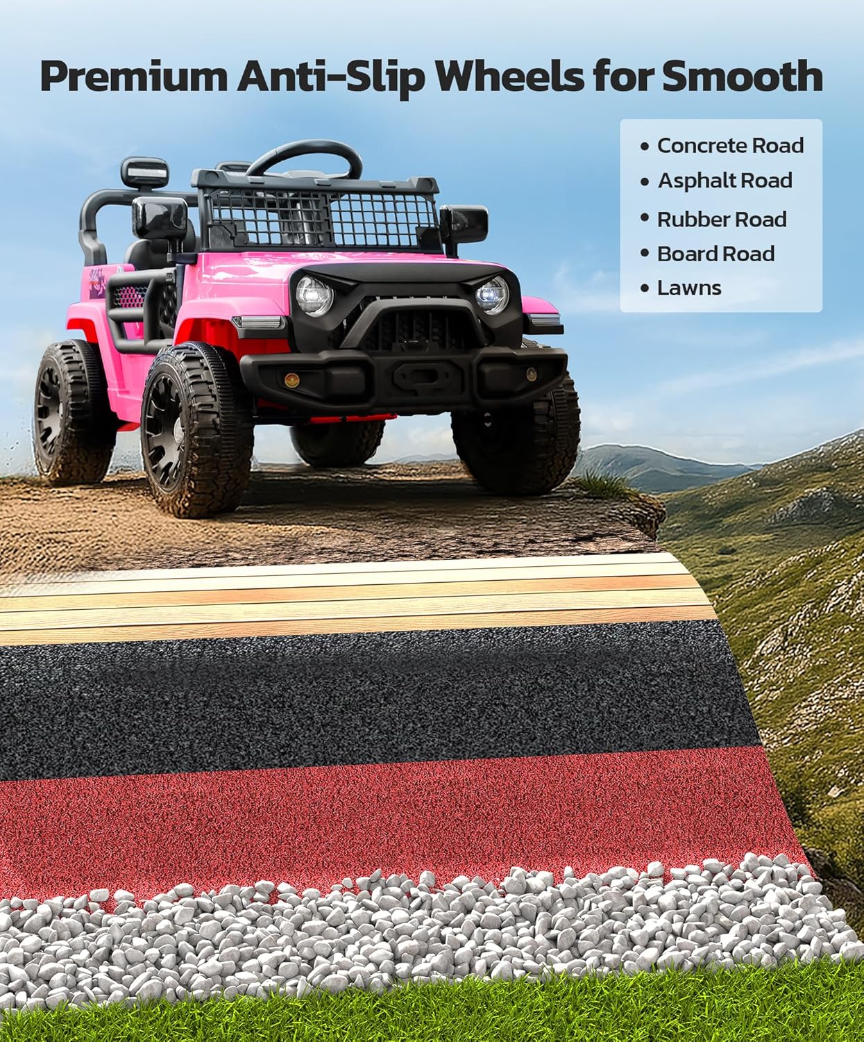 ELEMARA Kids Ride on Car, 12V Ride on Toys w/Remote, Electric Cars for Kid w/Bluetooth, LED Lights, Battery Car for Toddlers, Battery Powered Off-Road Vehicle w/Shock Absorbers, Kids Driving Car-Pink - Image 3