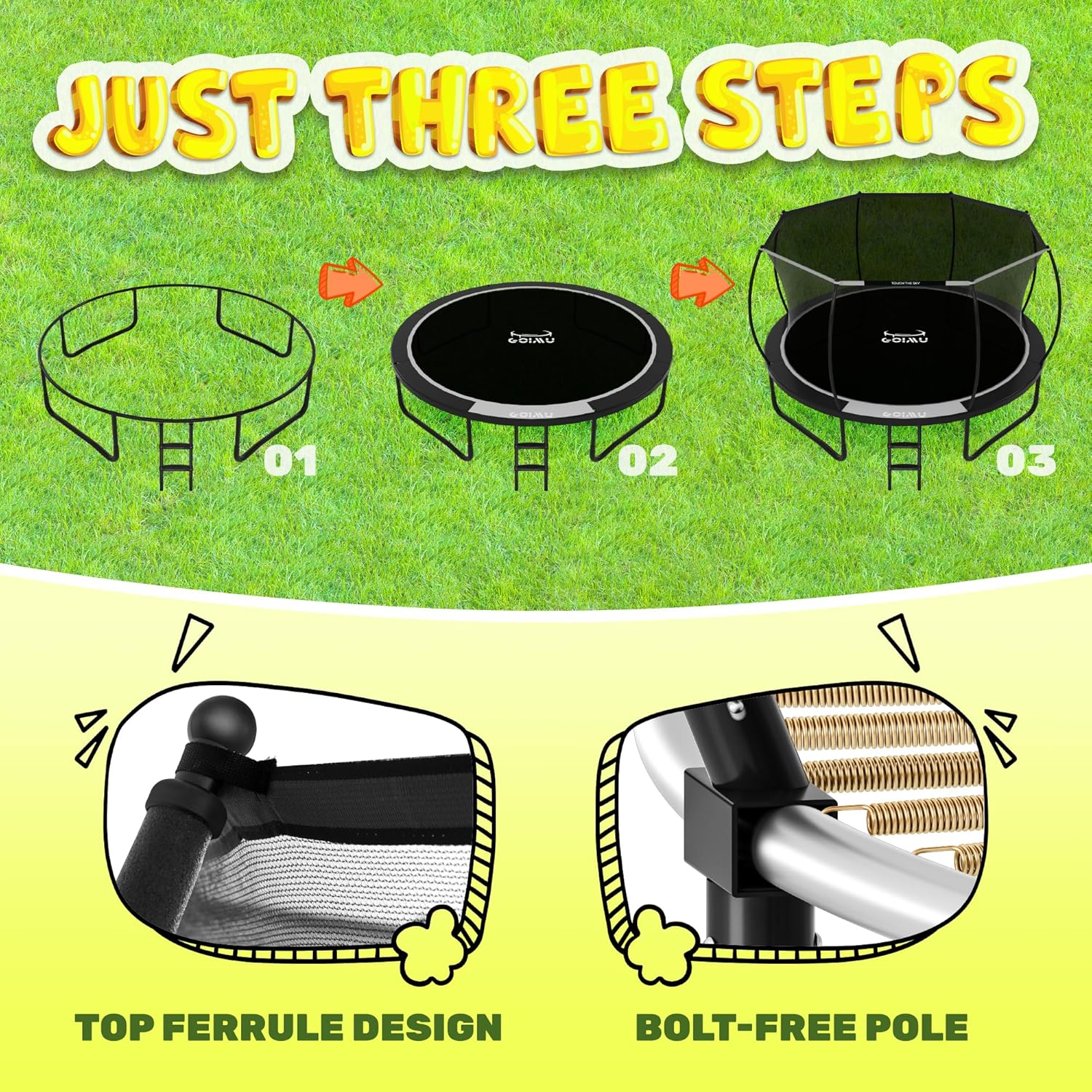 10FT 12FT 14FT 16FTOutdoor Recreational Trampoline with Enclosure Net, Bolt-Free Design Yard Trampoline with Wide Ladder and AntiRust Coating, 2 in 1 Connector for Kids Adults, ASTM Approval - Image 5