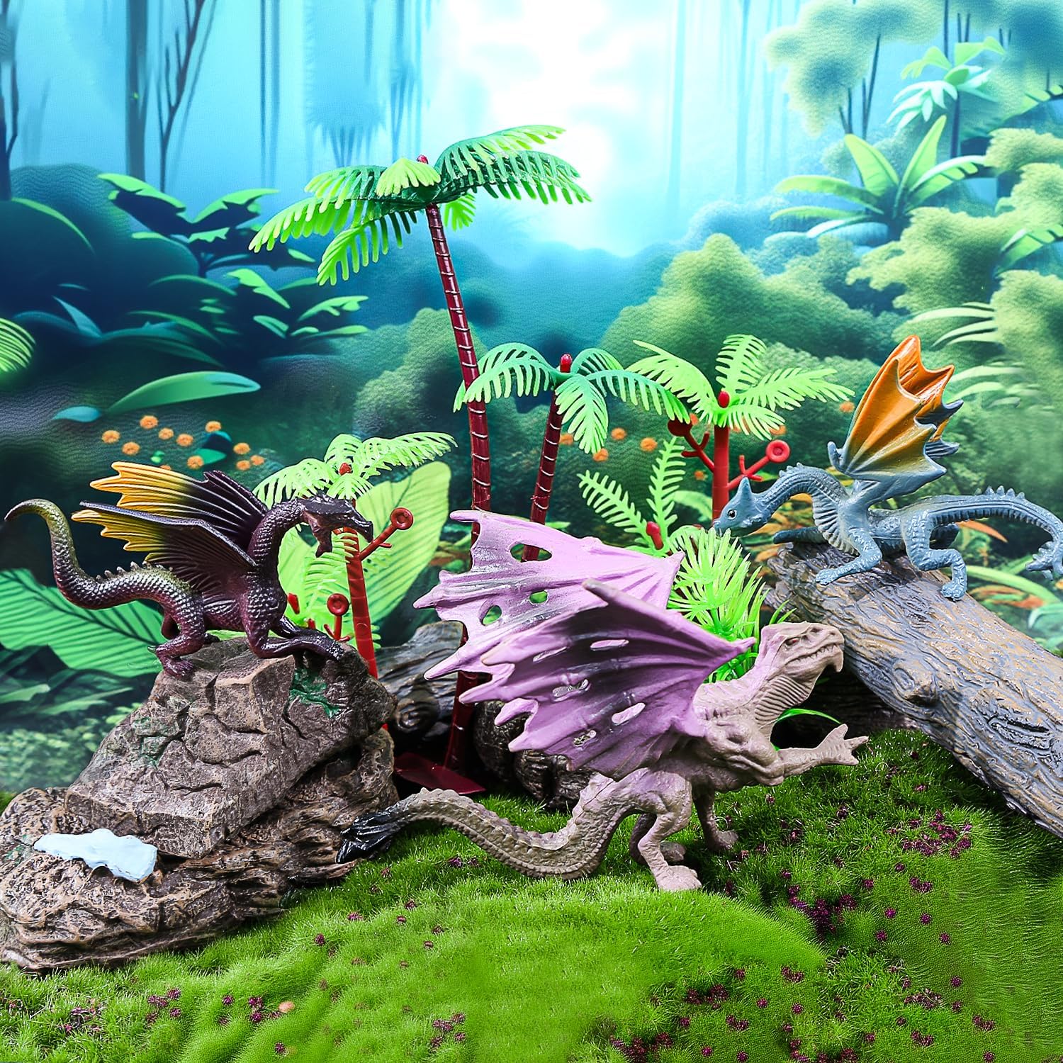 15Pcs Dragon Cake Decorations, Medieval Plastic Dragon Figures with Castle Tree Toys Playset for Kids Birthday Baby Shower Halloween Fantasy Theme Party Supplies - Image 5