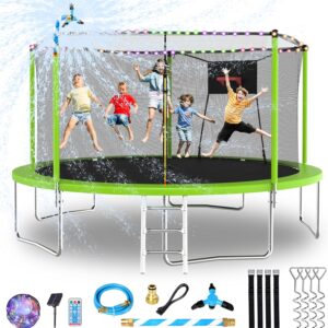 Lyromix Upgraded 14FT 15FT Trampoline Outdoor with Basketball Hoop, Stakes, Light, Sprinkler, Capacity for 4-8 Kids & Adults