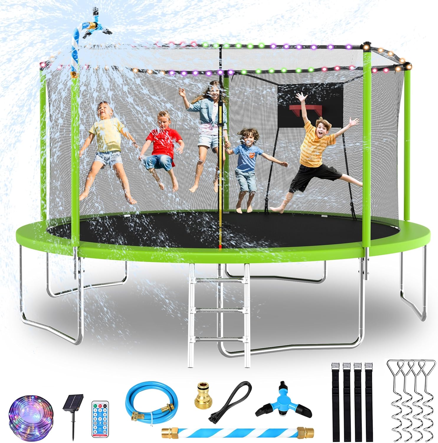 Lyromix Upgraded 14FT 15FT Trampoline Outdoor with Basketball Hoop, Stakes, Light, Sprinkler, Capacity for 4-8 Kids & Adults