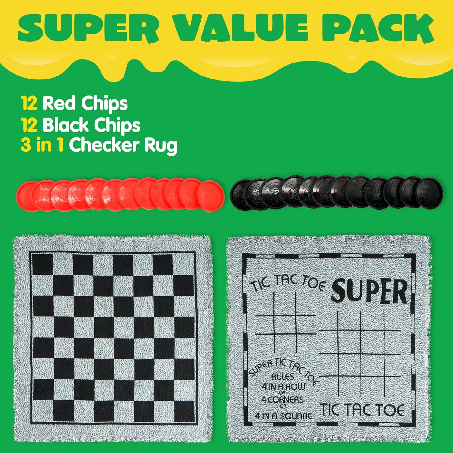 3-in-1 Vintage Giant Checkers, Tic, Tac, Toe, with Reversible Mat, 24 Chips, Family Board Game, Lawn Game, BBQ Party Favor, Indoor and Outdoor Activity for Kids and Adults - Image 2