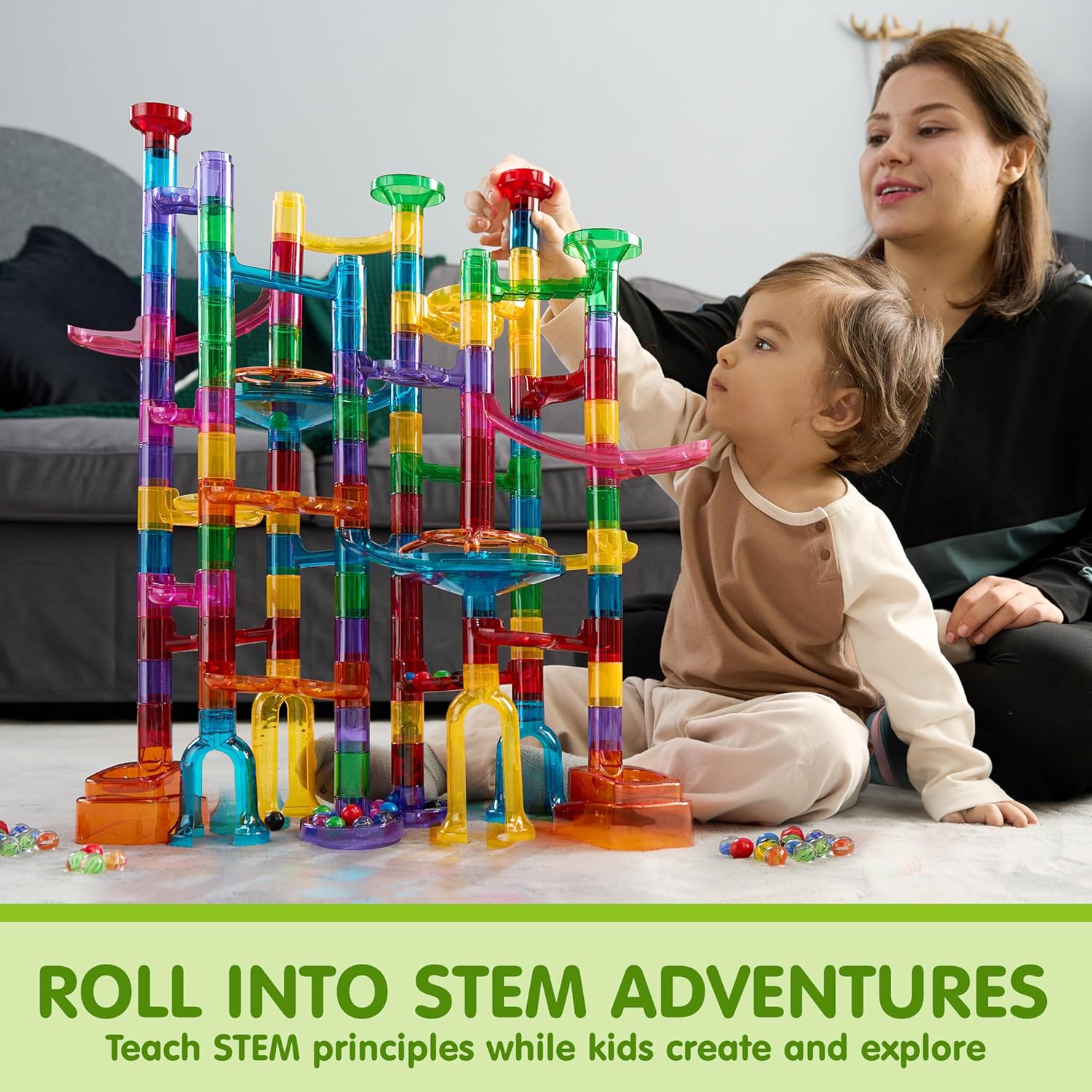 JOYIN 137Pcs Glowing Marble Run - Construction Building Blocks Toys with 15 Glow in The Dark Plastic Marbles, STEM Toy Presents for Boys and Girls, Birthday Gifts, Easter Basket Stuffers - Image 7