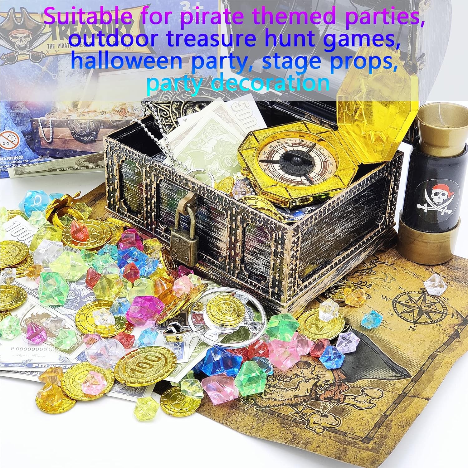 177 Pieces Kids Pirate Treasure Chest Treasure Hunt Kit Lockable Vintage Treasure Chest Toy Set Gold Plastic Compass Pirate Map for Halloween Themed Cosplay Party Favors - Image 6