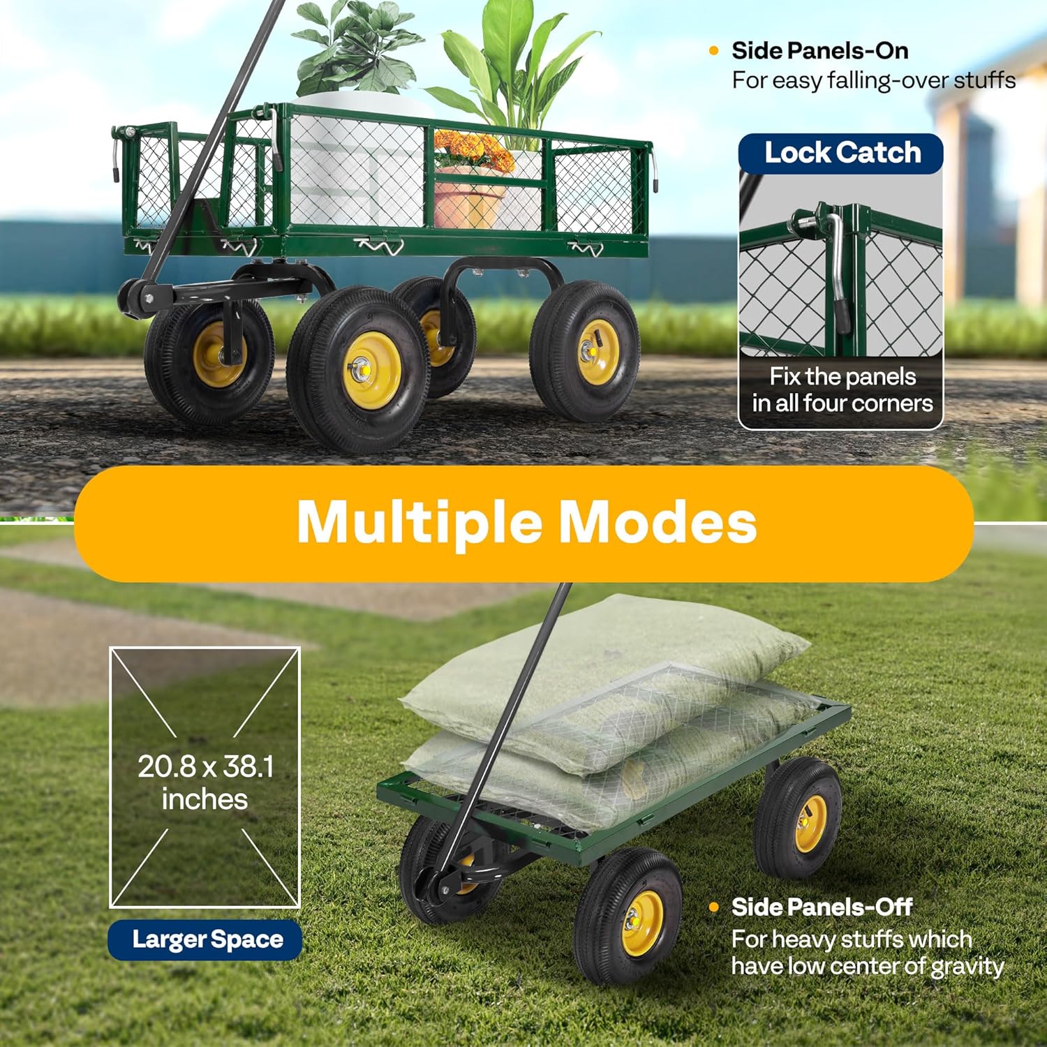 VIVOHOME Heavy Duty 880 Lbs Capacity Mesh Steel Garden Cart Folding Utility Wagon with Removable Sides and 4.10/3.50-4" Wheels 10 Inch Tire(Green) - Image 5