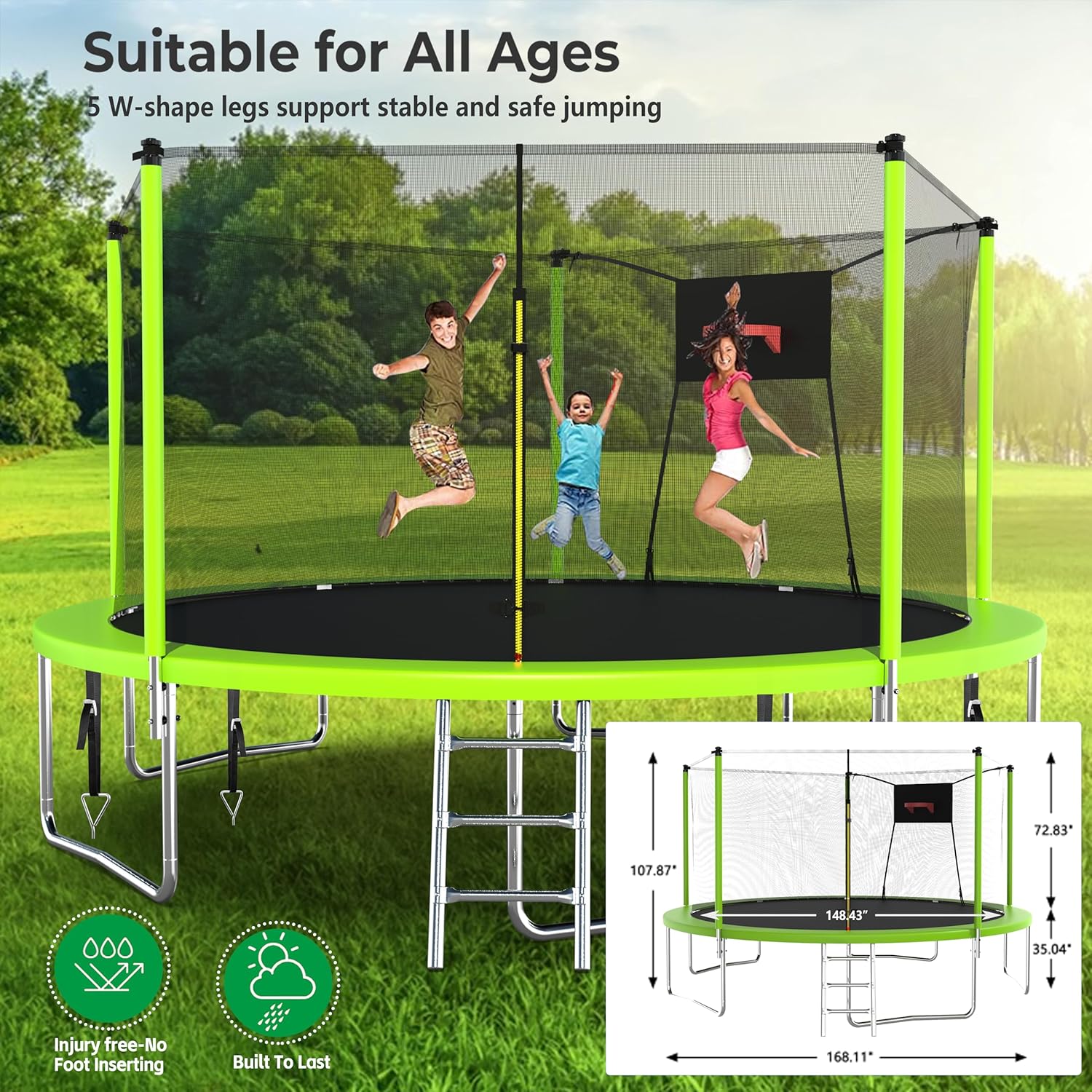 Lyromix Upgraded 14FT 15FT Trampoline Outdoor with Basketball Hoop, Stakes, Light, Sprinkler, Capacity for 4-8 Kids & Adults - Image 6