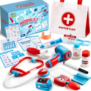 Play-Act Kids Doctor Kit, 16-Piece Medical Kit with Bag, Doctor Role Play Set with Realistic Toy Stethoscope, Reusable Record Cards, Dress Up Playset Birthday Gift for Toddlers Ages 3+