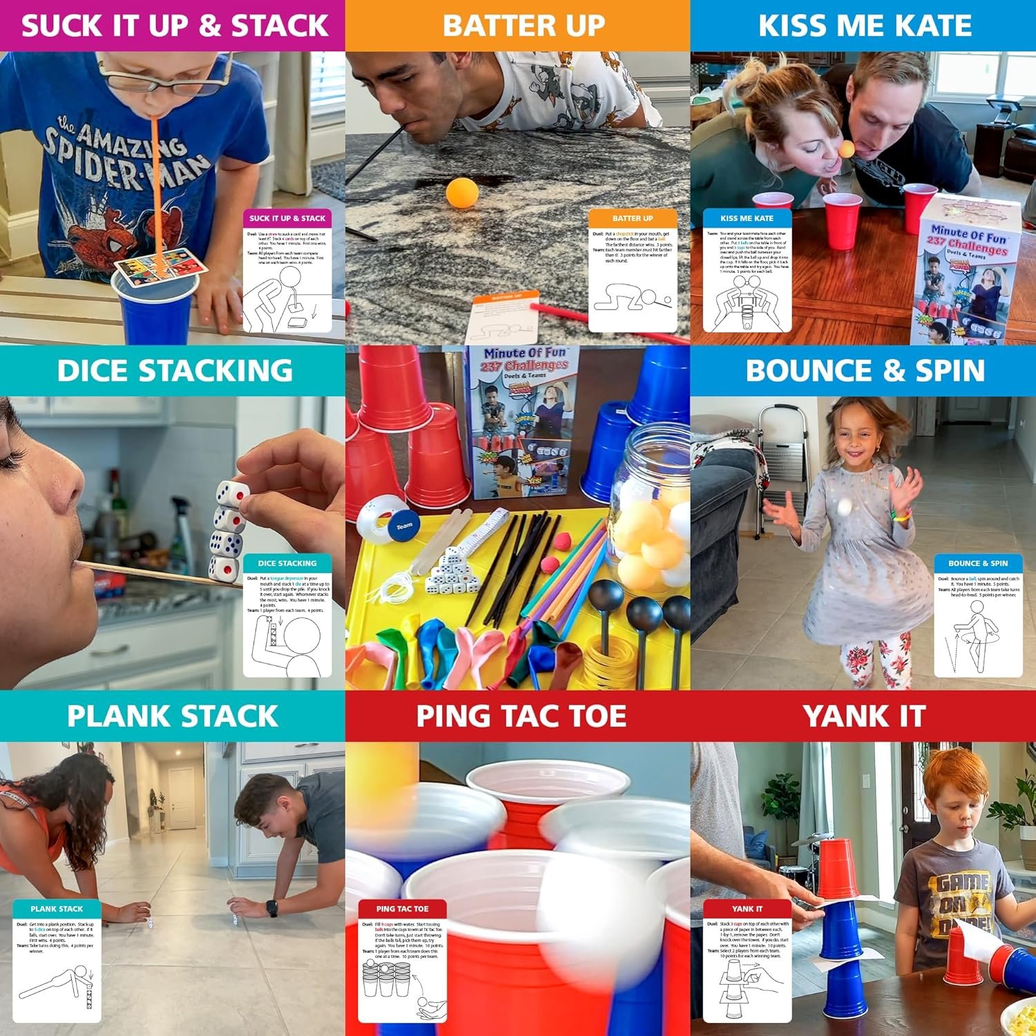 Funwares Original 237 Minute of Fun Games - Minute to Win It Family Party & Travel for Kids & Adults, 2-12 Players! Ready to Play Right Out of The Box! - Image 4