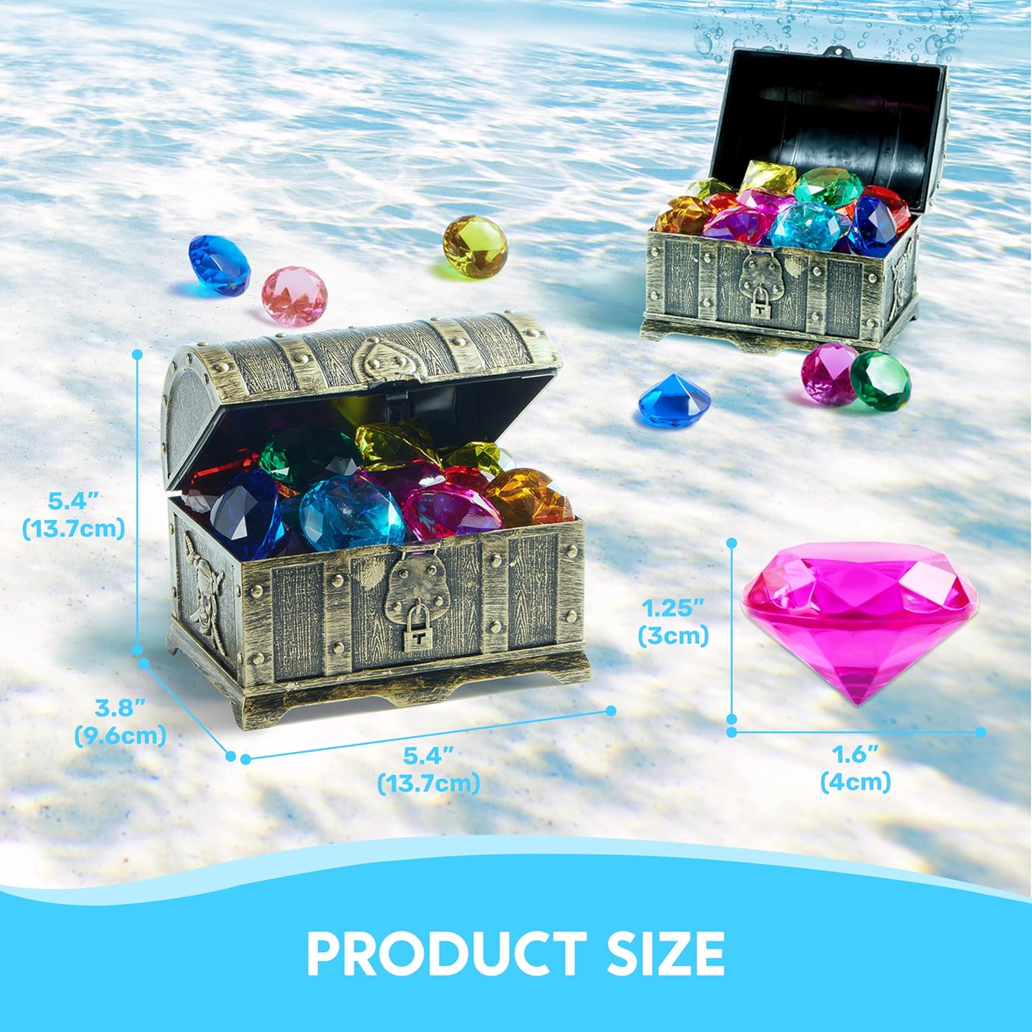 Sloosh Diving Gems Pool Toys, 16 Big Colorful Diamond with Pirate Treasure Chest,Swim Dive Toy for Kids Underwater Gemstone Swimming Training Gift Water Pool Games(Gold) - Image 3