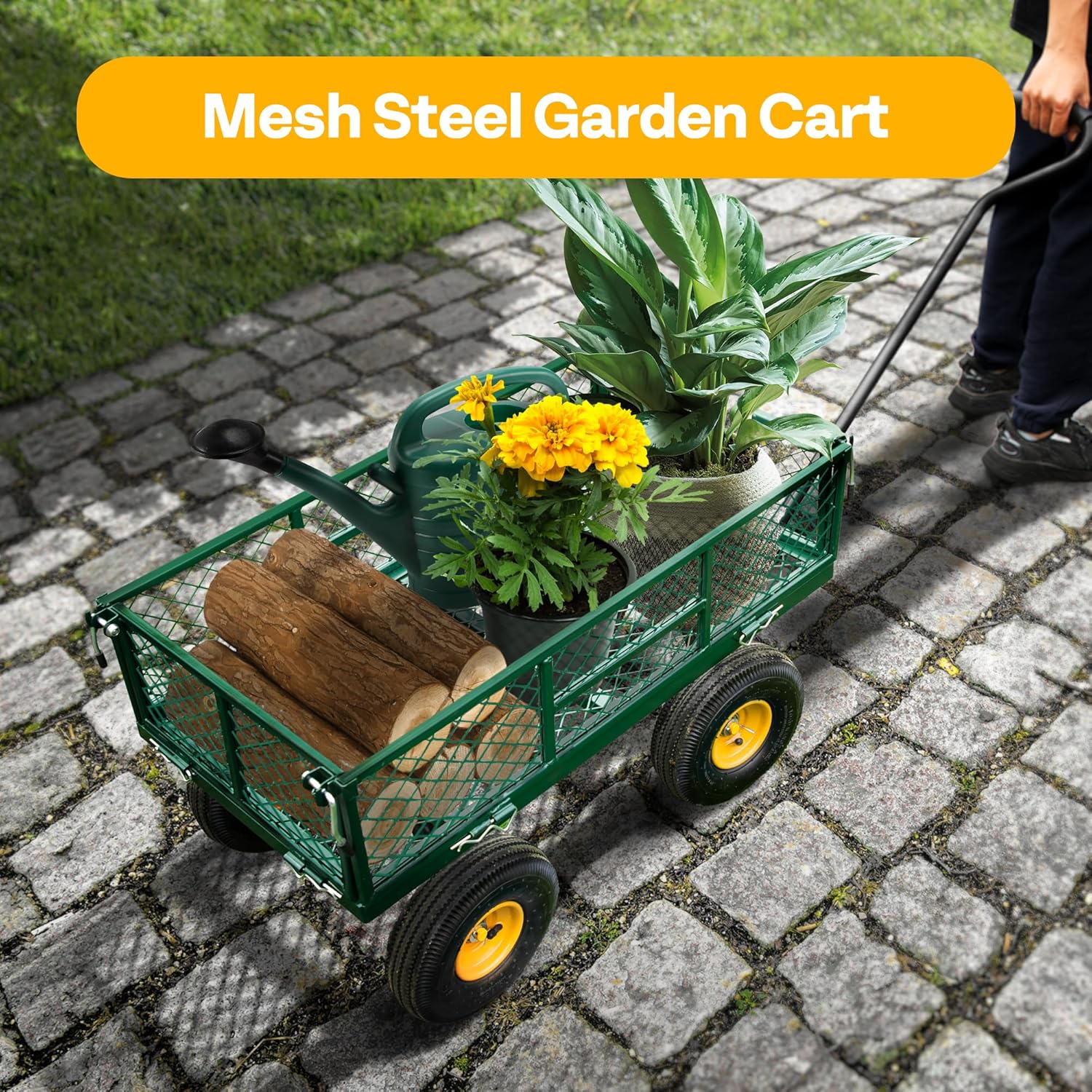 VIVOHOME Heavy Duty 880 Lbs Capacity Mesh Steel Garden Cart Folding Utility Wagon with Removable Sides and 4.10/3.50-4" Wheels 10 Inch Tire(Green) - Image 2
