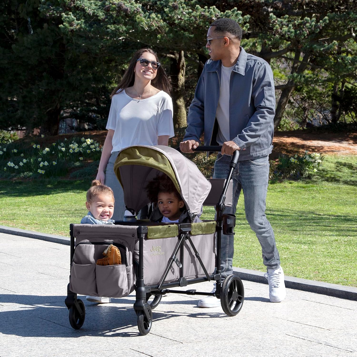 Jeep Sport All-Terrain Stroller Wagon by Delta Children - Includes Canopy, Parent Organizer, Adjustable Handlebar, Snack Tray & Cup Holders, Grey/Olive Green - Image 2