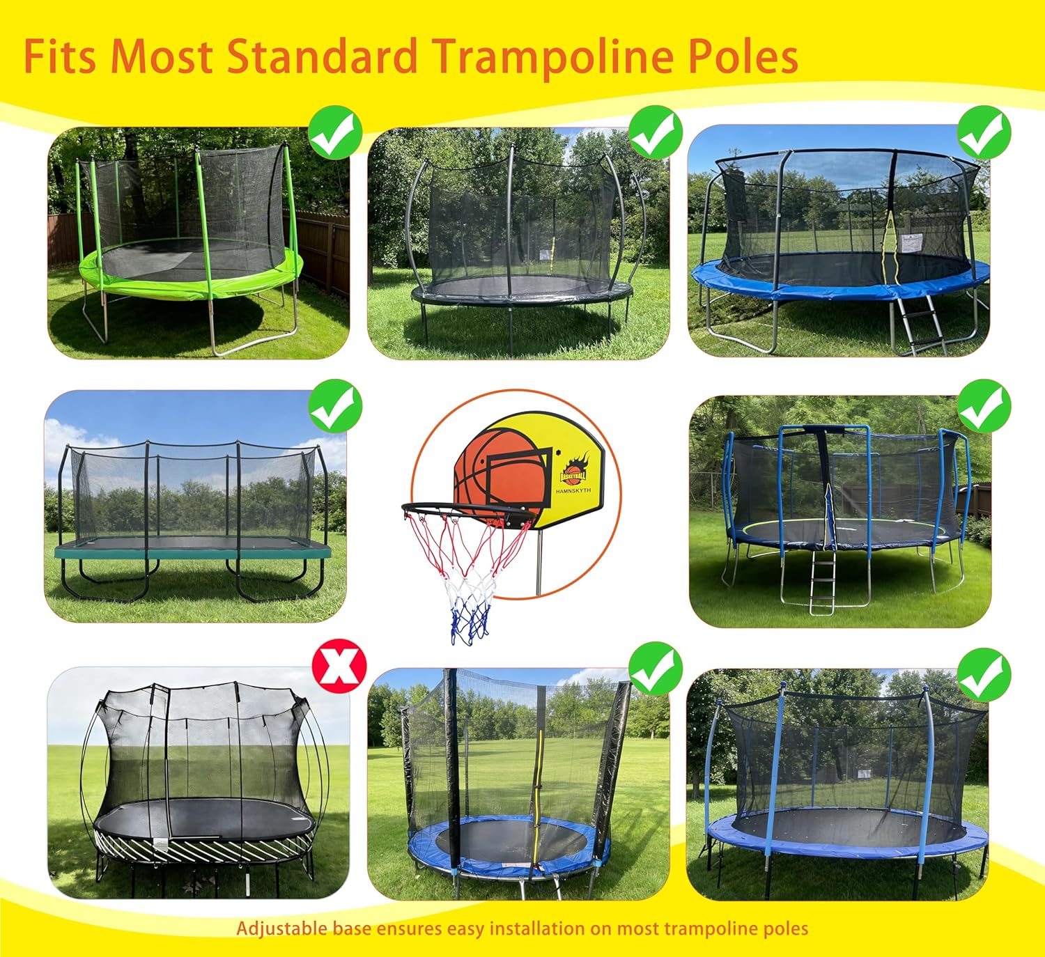 Trampoline Basketball Hoop, Fits Most Straight & Curved Poles, with Stainless Steel Angle-Adjustable Mounting Base, Includes Mini Basketball & Pump - Image 4
