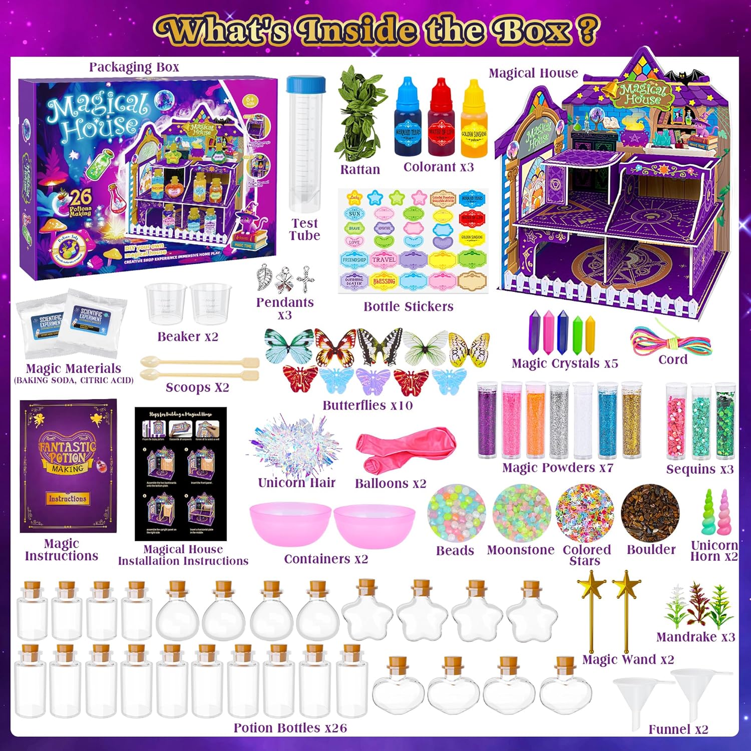 Fairy Magic Potions Kit for Kids, with Magical House, 26 DIY Mixed Magic Wizard Potion Bottles, Mystery Potions Craft Kit, Christmas Decorations Birthday Gifts for Age 6 7 8 9 10+ Year Old Girls Boys - Image 2